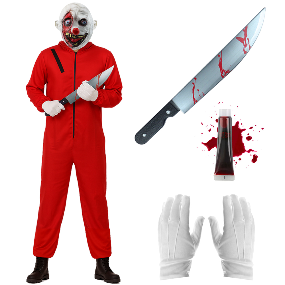 Adults Horror Clown Costume | 5 Pcs | Red Jumpsuit, Scary Mask, Blood, Gloves & Machete