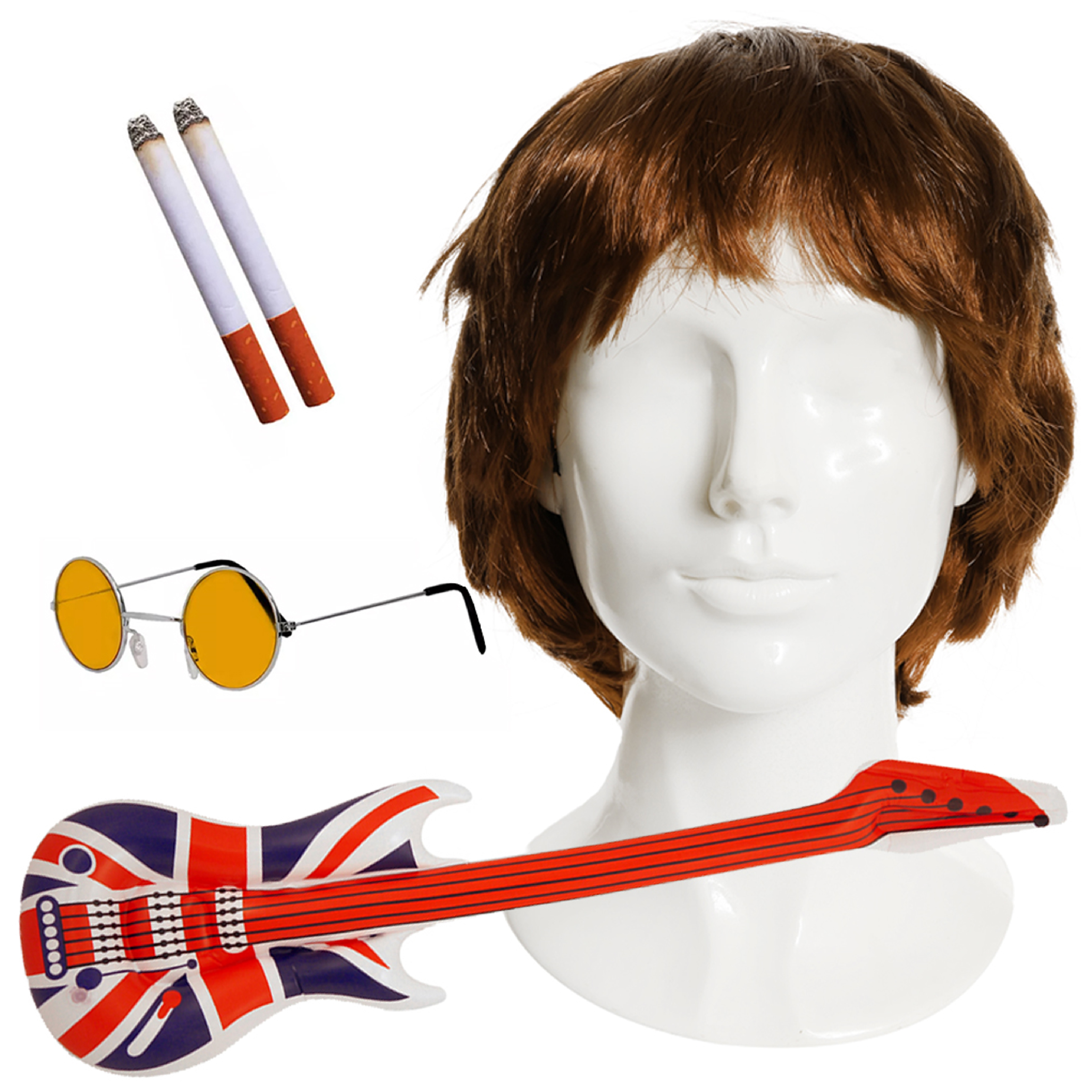 Liam Gallagher Accessory Set - Wig, Glasses, Guitar, Fake Cigs