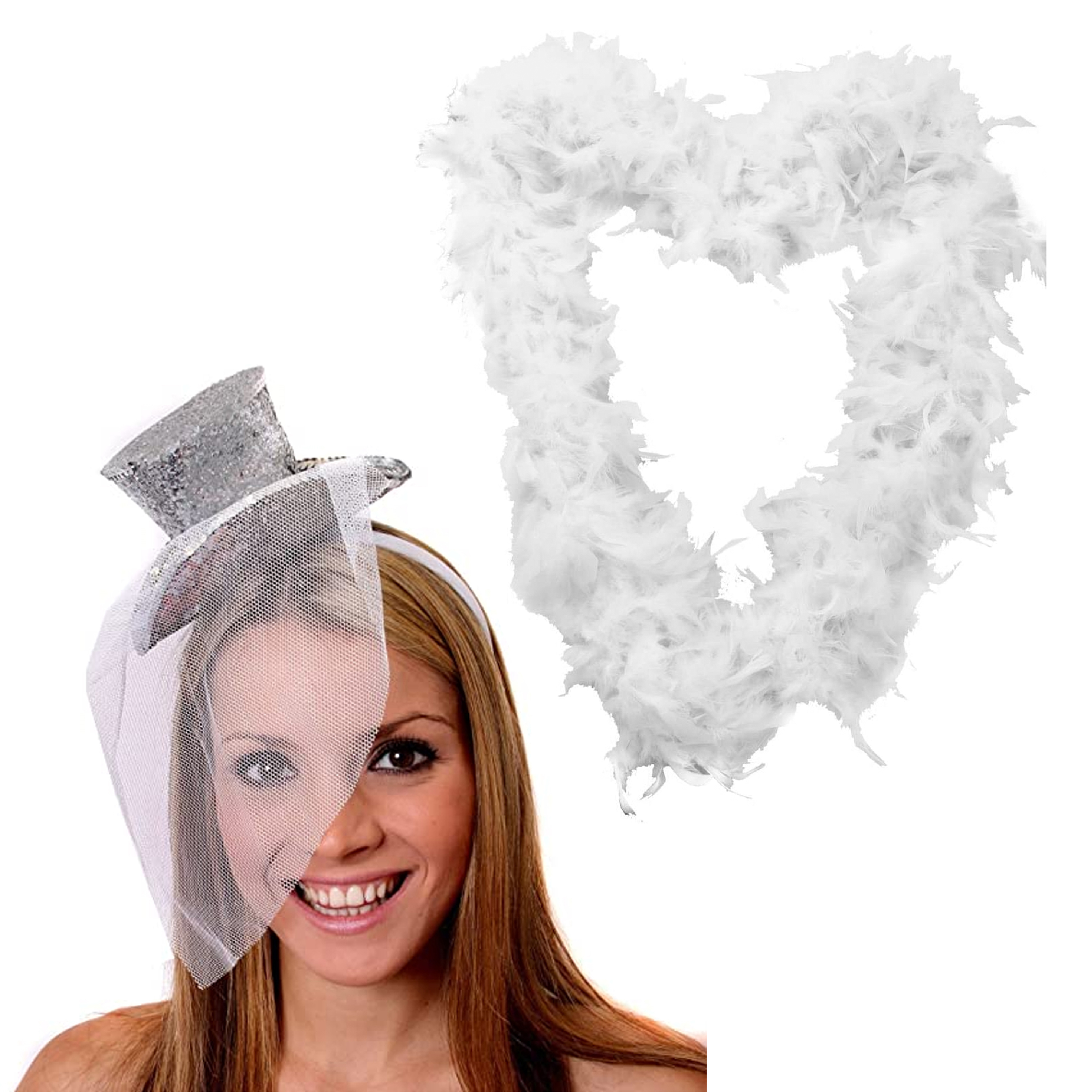 Silver Mini Glitter Fascinator Hat & White Feather Boa