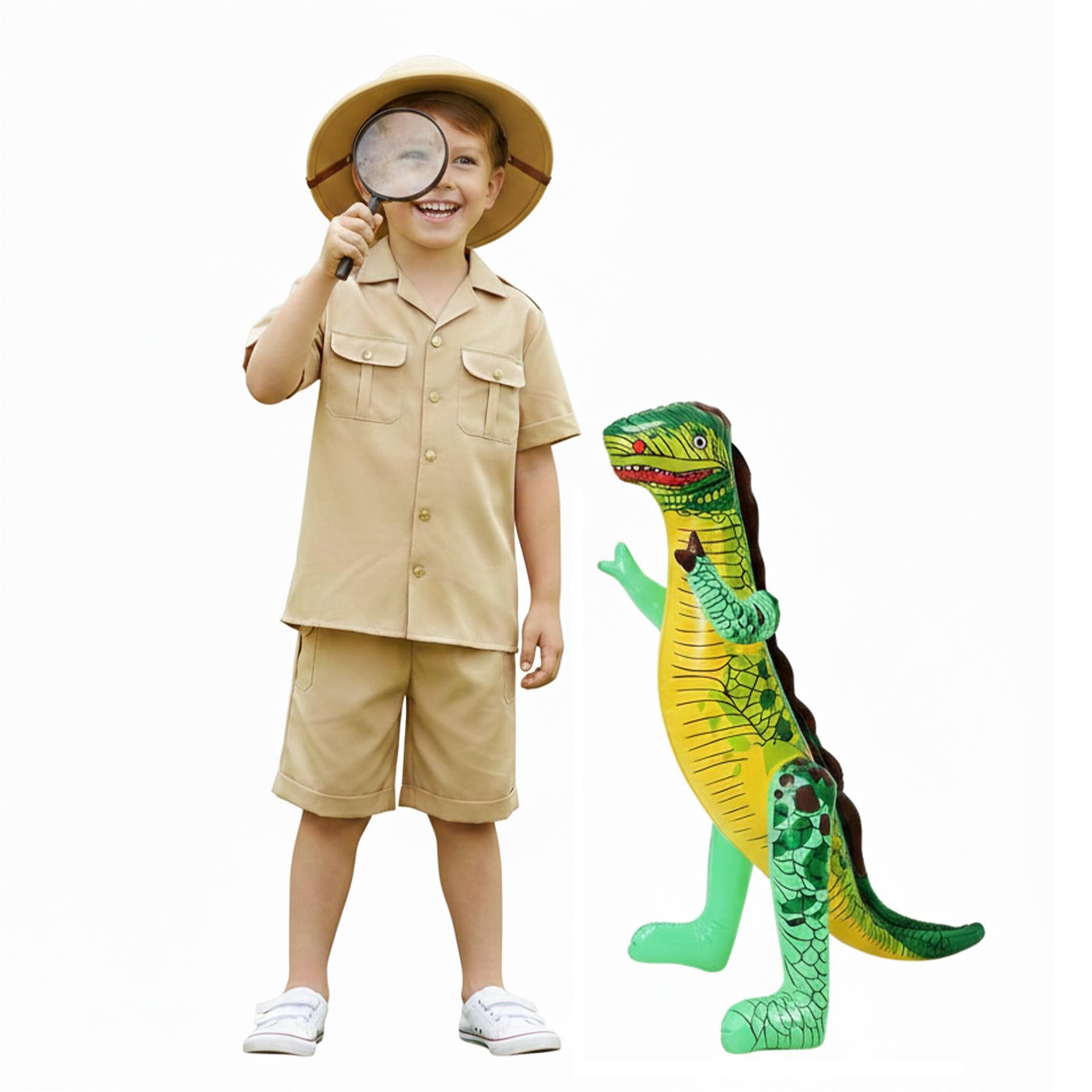 Kids Palaeontologist Costume | 5 Pcs | Jacket, Trousers, Hat, Magnifying Glass & Inflatable T-Rex