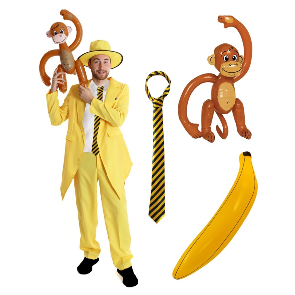 Adults Curious Monkey Dad Costume | 6 Pcs | Jacket, Trousers , Hat, Striped Tie, Inflatable Banana & Inflatable Monkey