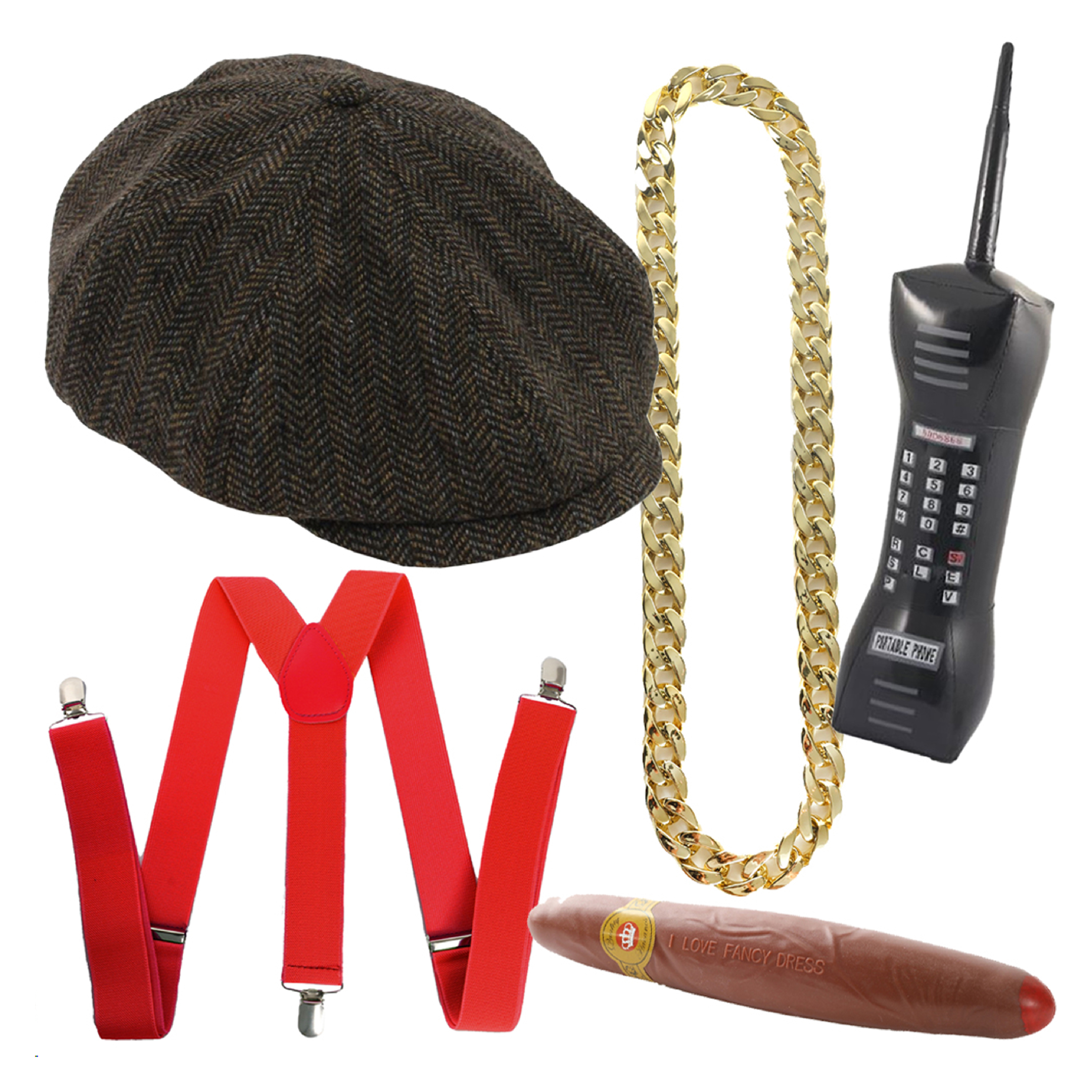Del Boy Accessory Set | 5 Pcs | Hat, Chain, Cigar, Braces & Phone