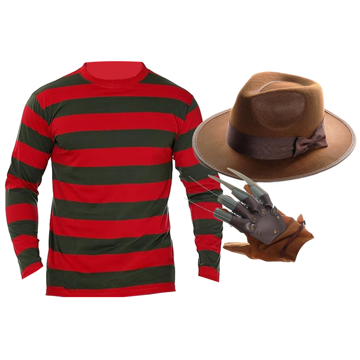 Adults Freddy Krueger Costume - Striped T-shirt, Brown Hat & Claw