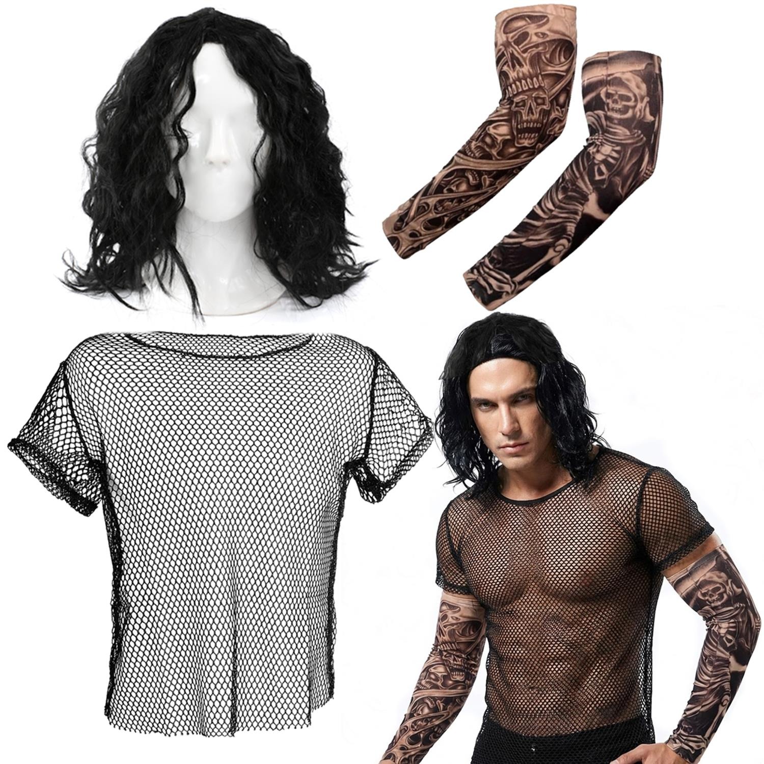Men's 2000's American Wrestler Costume | 3 Pcs | Mesh Top, Crimped Wig & Tattoos
