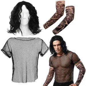 Men's 2000's American Wrestler Costume | 3 Pcs | Mesh Top, Crimped Wig & Tattoos
