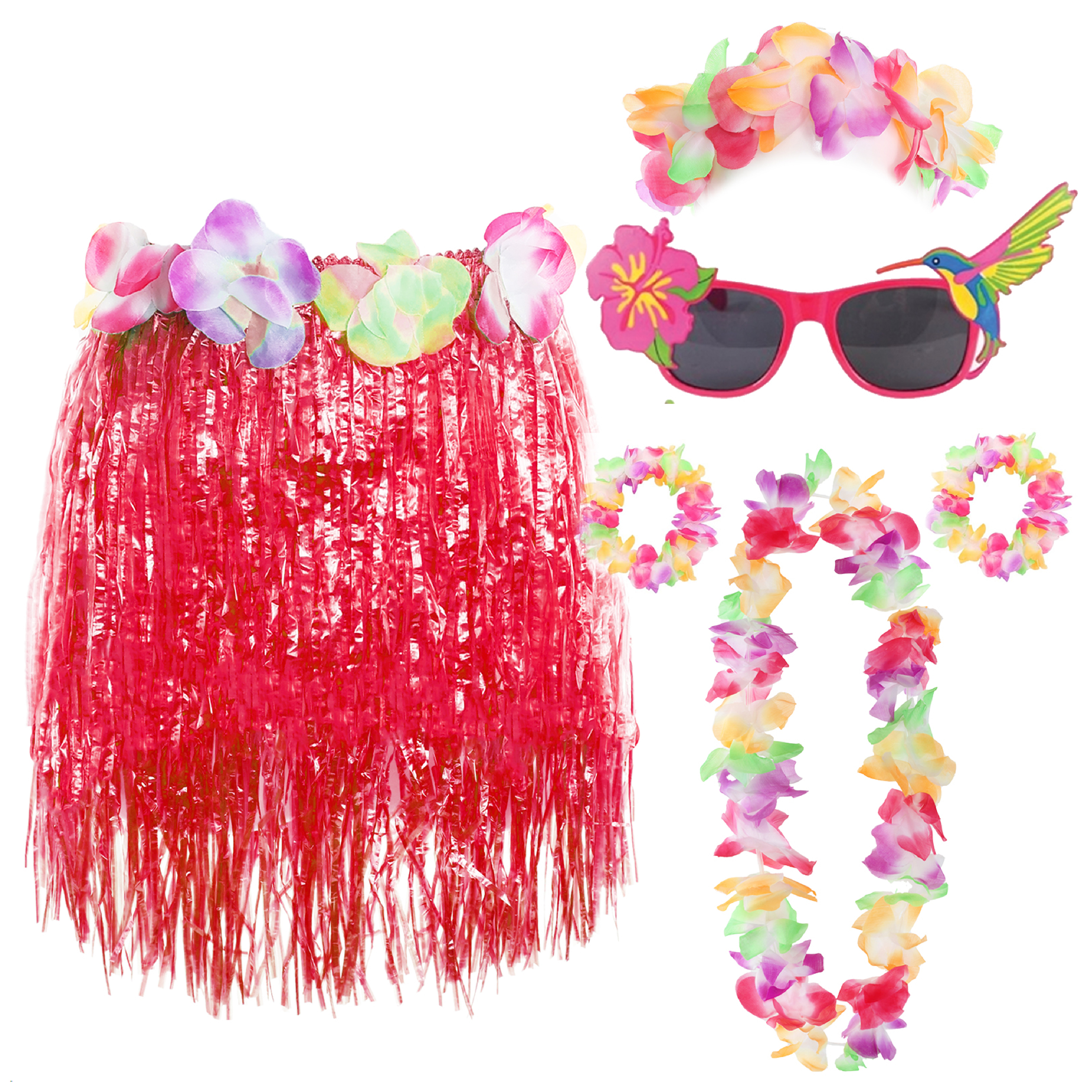 Red Hula Skirt with Flower Lei & Glasses Set
