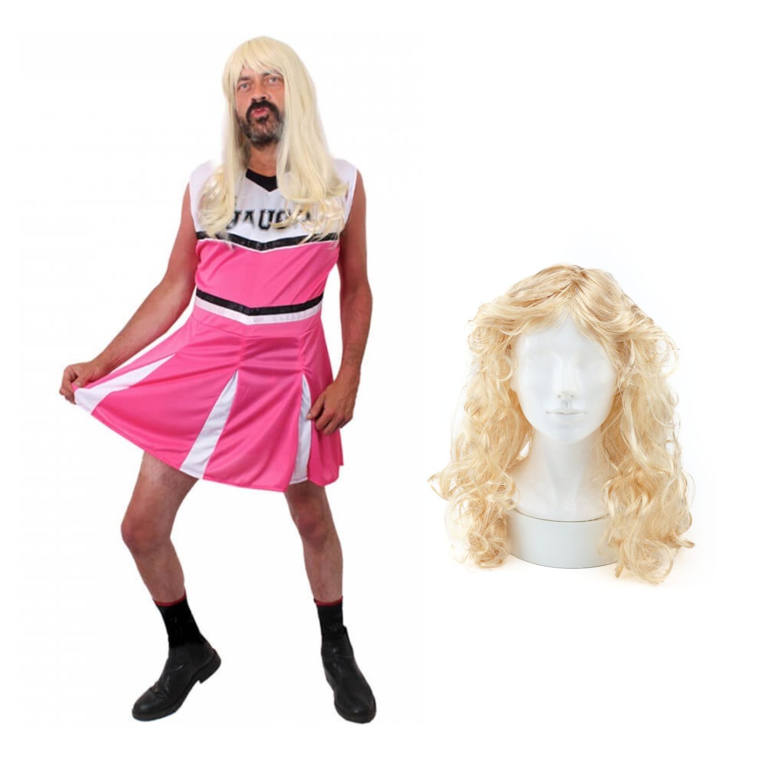 Mens Pink Cheerleader Stag Do Costume with Wig