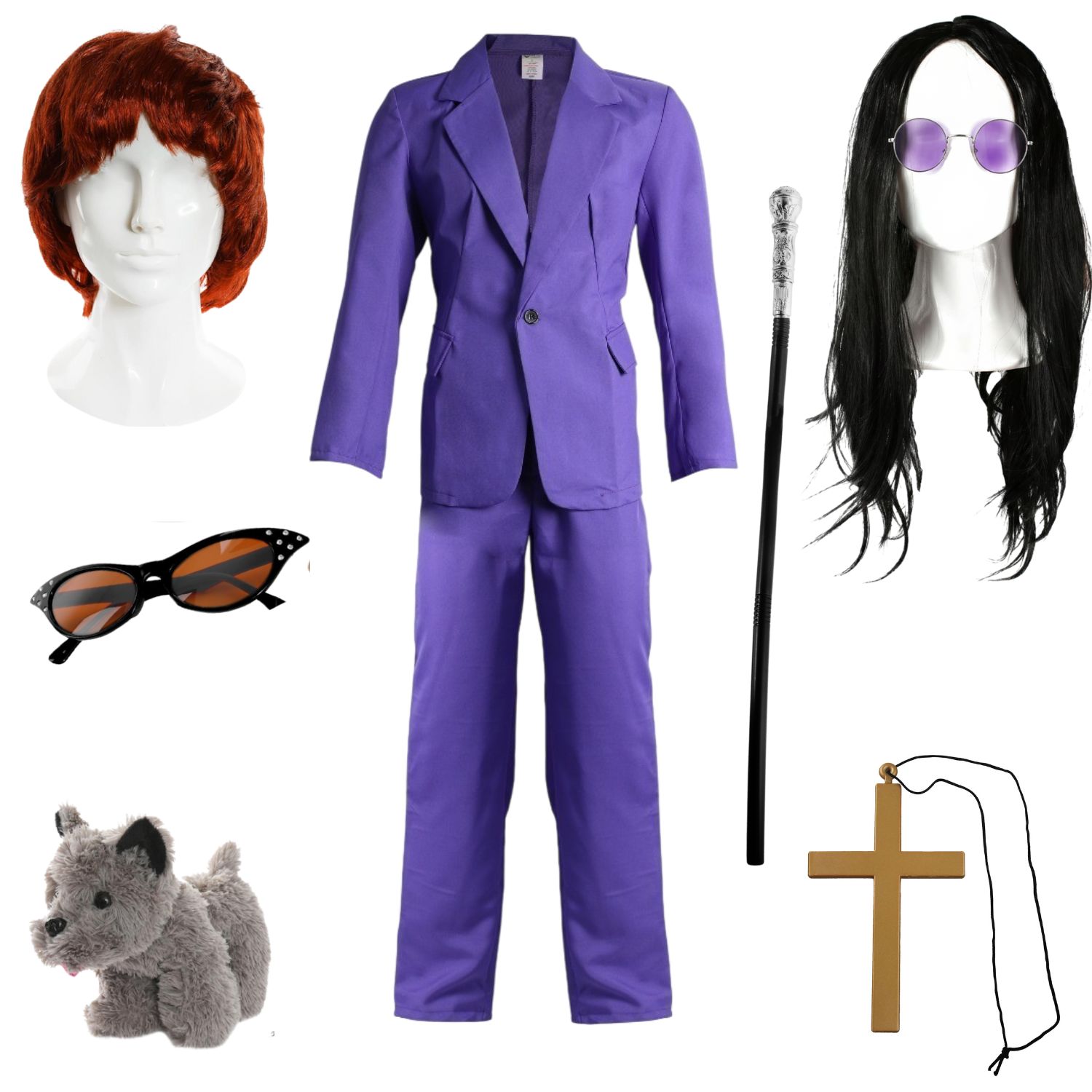 Osbourne Couple Costume Set | 8 Pcs | Suit, Cane, Wigs, Glasses, Necklace & Toy Dog