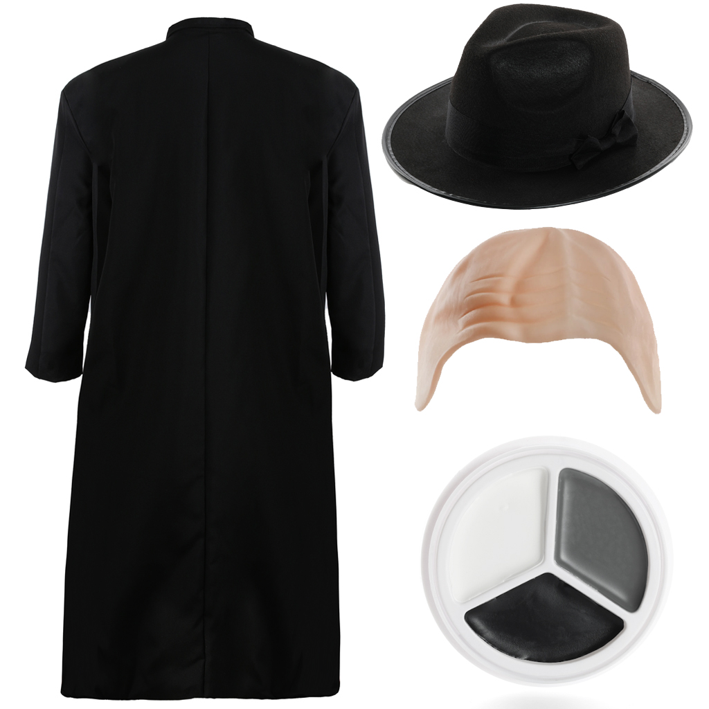 Adults Bald Festering Uncle Costume | 4 Pcs | Black Jacket, Hat, Nude Bald Cap & Face Paint