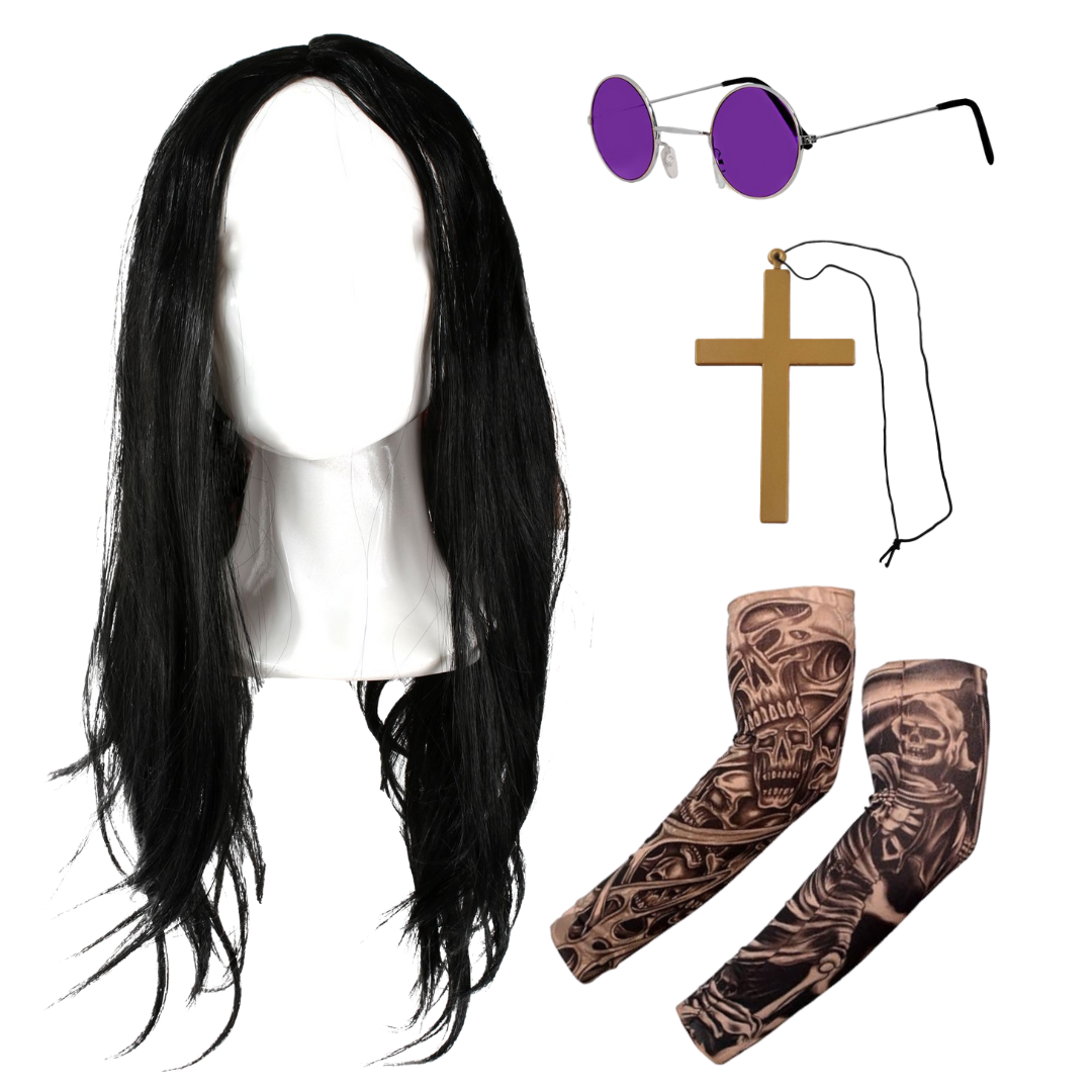 Prince of Darkness Accessory Set | 4 Pcs | Wig, Glasses, Cross Necklace & Tattoo Sleeves