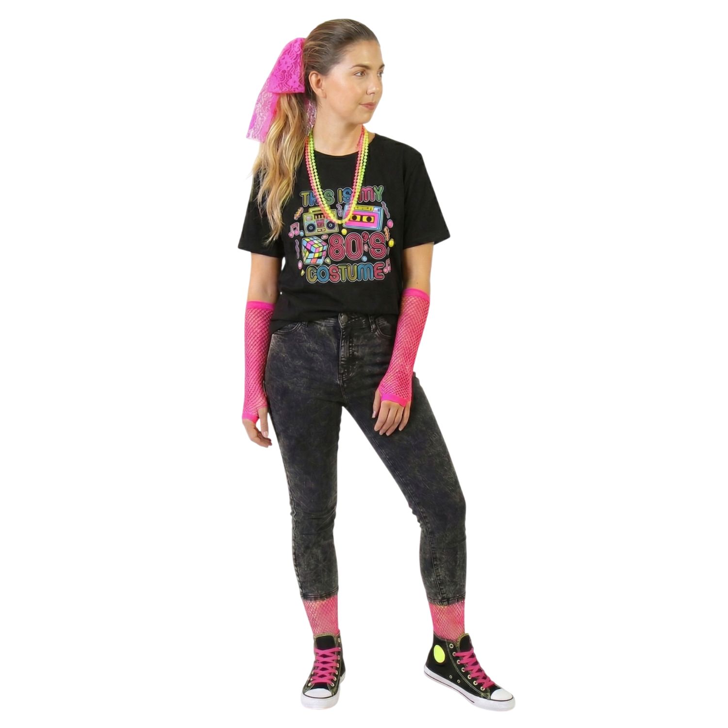 Adults 80’s Costume | 4 Pcs | Black T-Shirt, Beaded Necklace, Fishnet Gloves & Pink Hair Lace