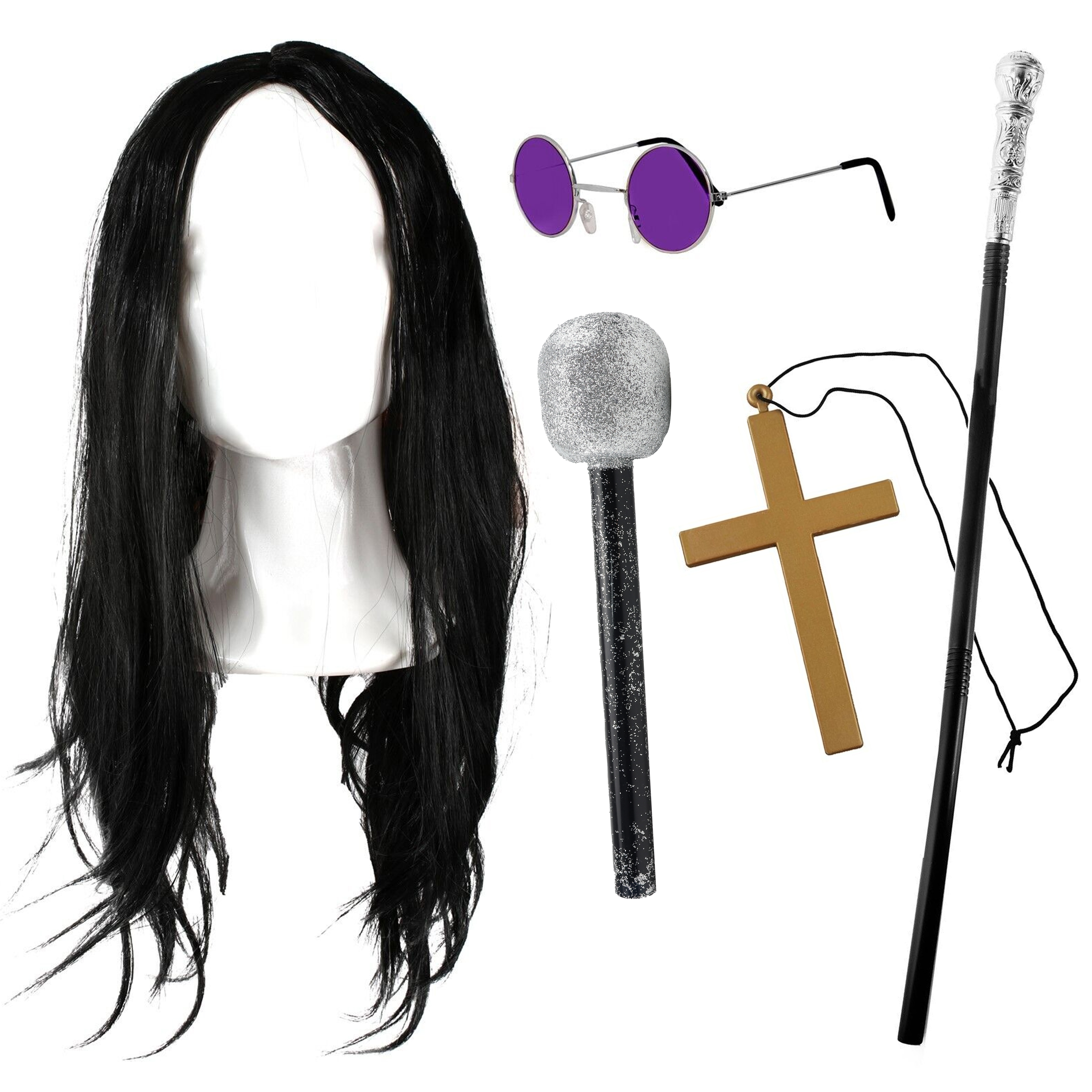 Prince of Darkness Accessory Set | 5 Pcs | Wig, Glasses, Cross Necklace, Cane & Mic