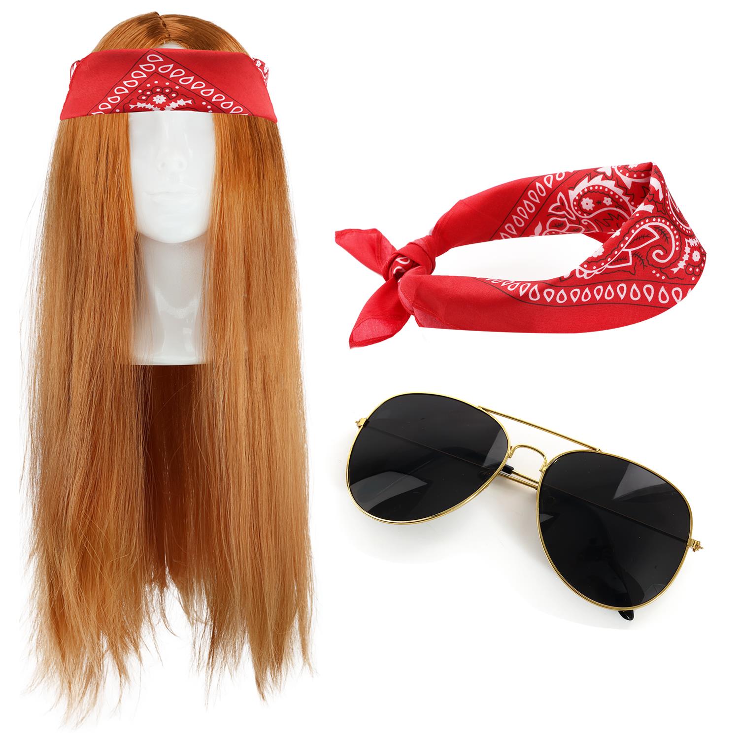 Axl Rose Inspired Accessory Set | 3 Pcs | Ginger Wig, Red Paisley Bandana & Glasses