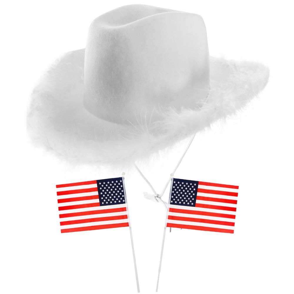 Western Cowboy Accessory Set - White Marabou Trim Hat & 2 American Hand Waving Flags