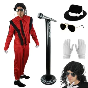 Adults Deluxe King of Pop Costume | 6 Pcs | Costume, Fedora, Wig, Glasses, Gloves & Inflatable Microphone on Stand