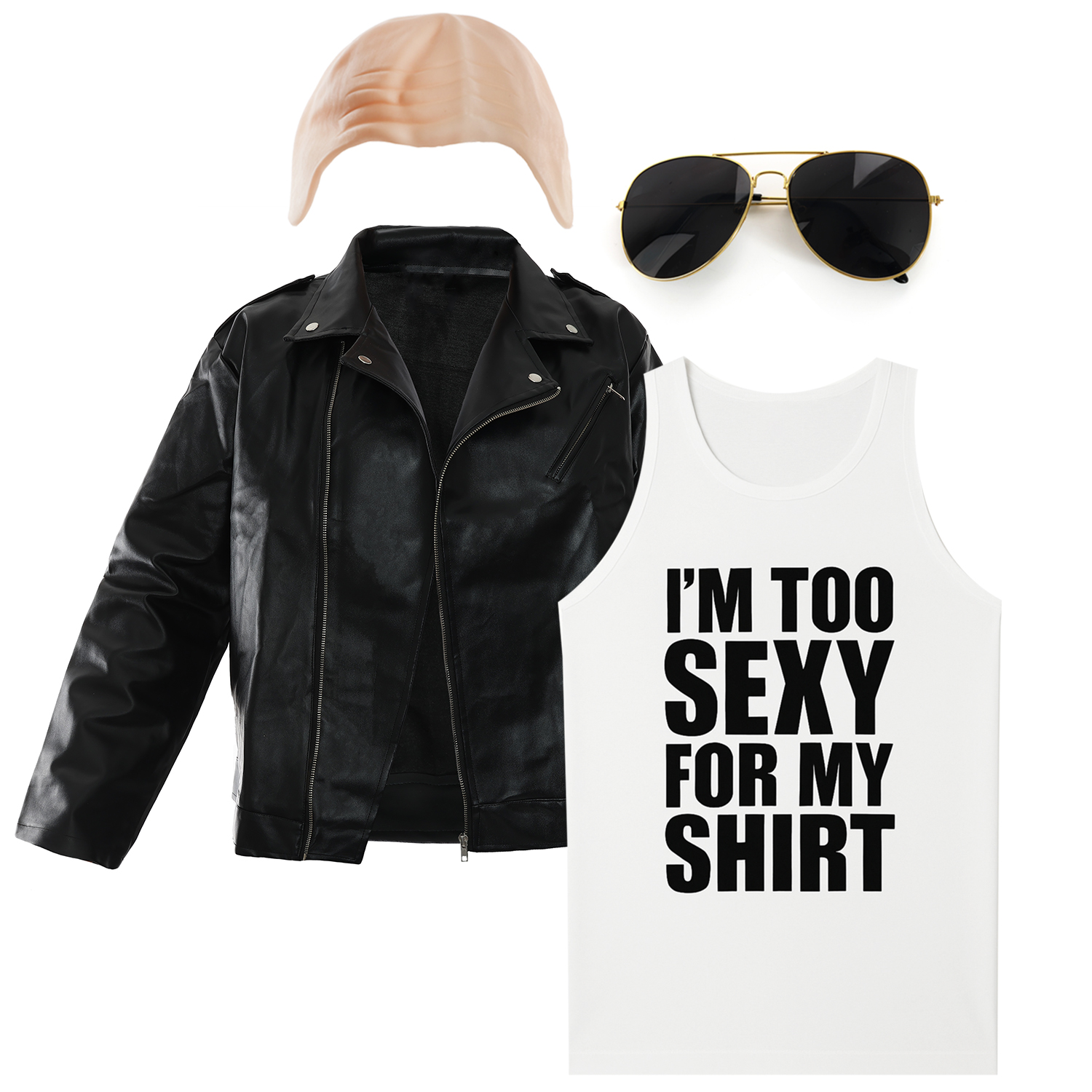 "I'm Too Sexy for My Shirt" Costume – White Vest, Bald Cap, Aviator Sunglasses & Leather Jacket (Adults)
