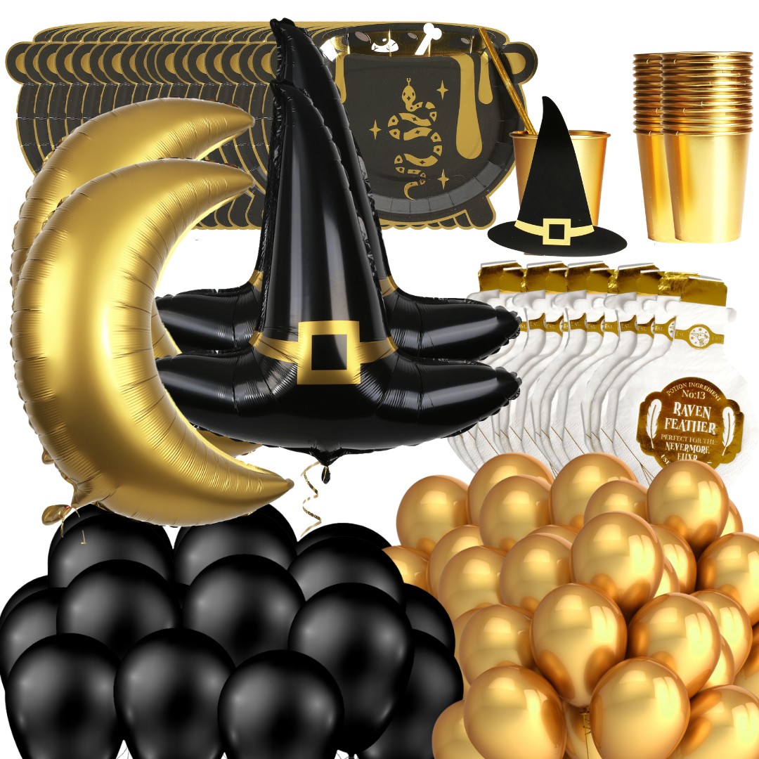 164 Pcs Halloween Witch Party Decoration Set | Cups, Plates, Napkins & Balloons