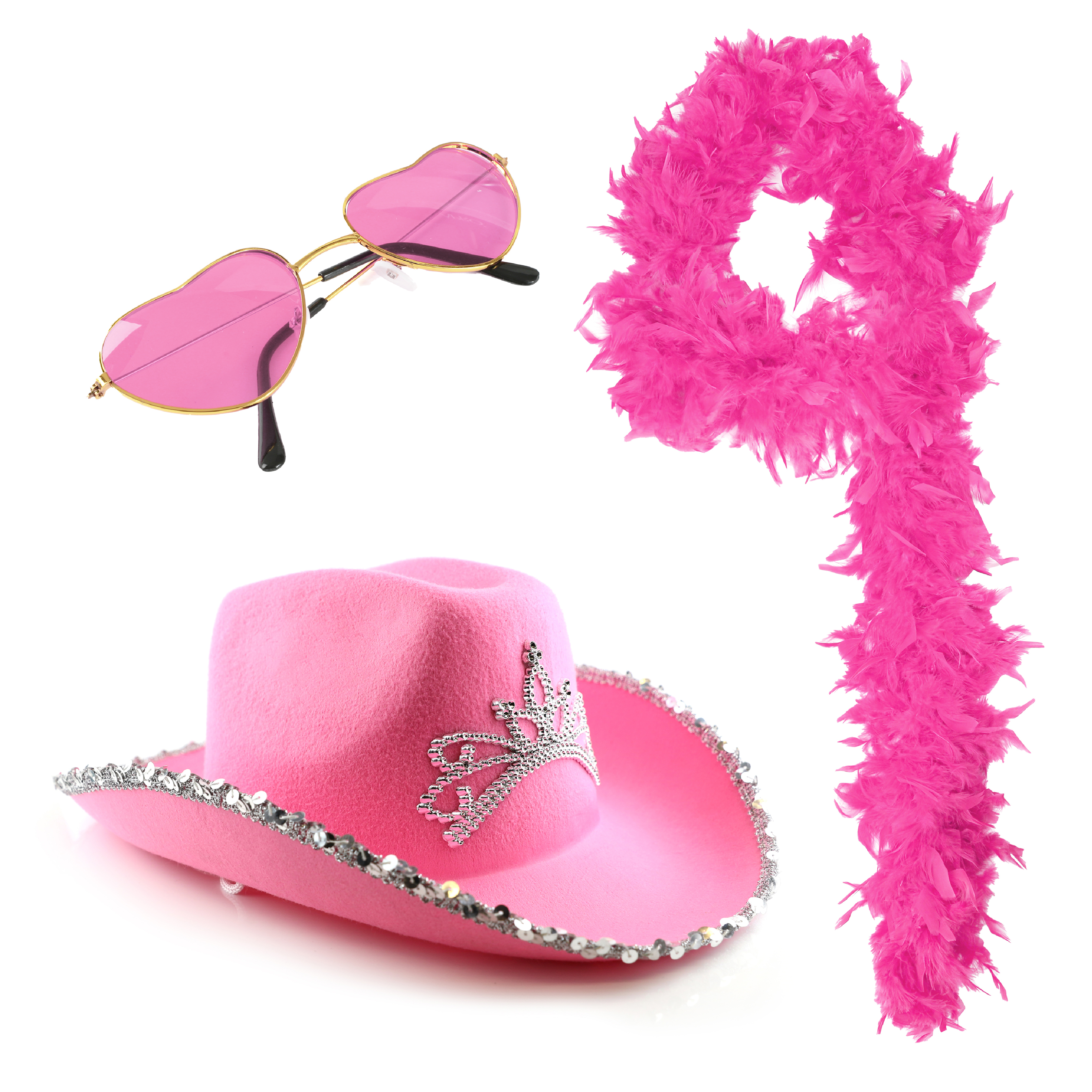 Tiara Cowboy Hat,  Hot Pink Boa & Pink Heart Glasses
