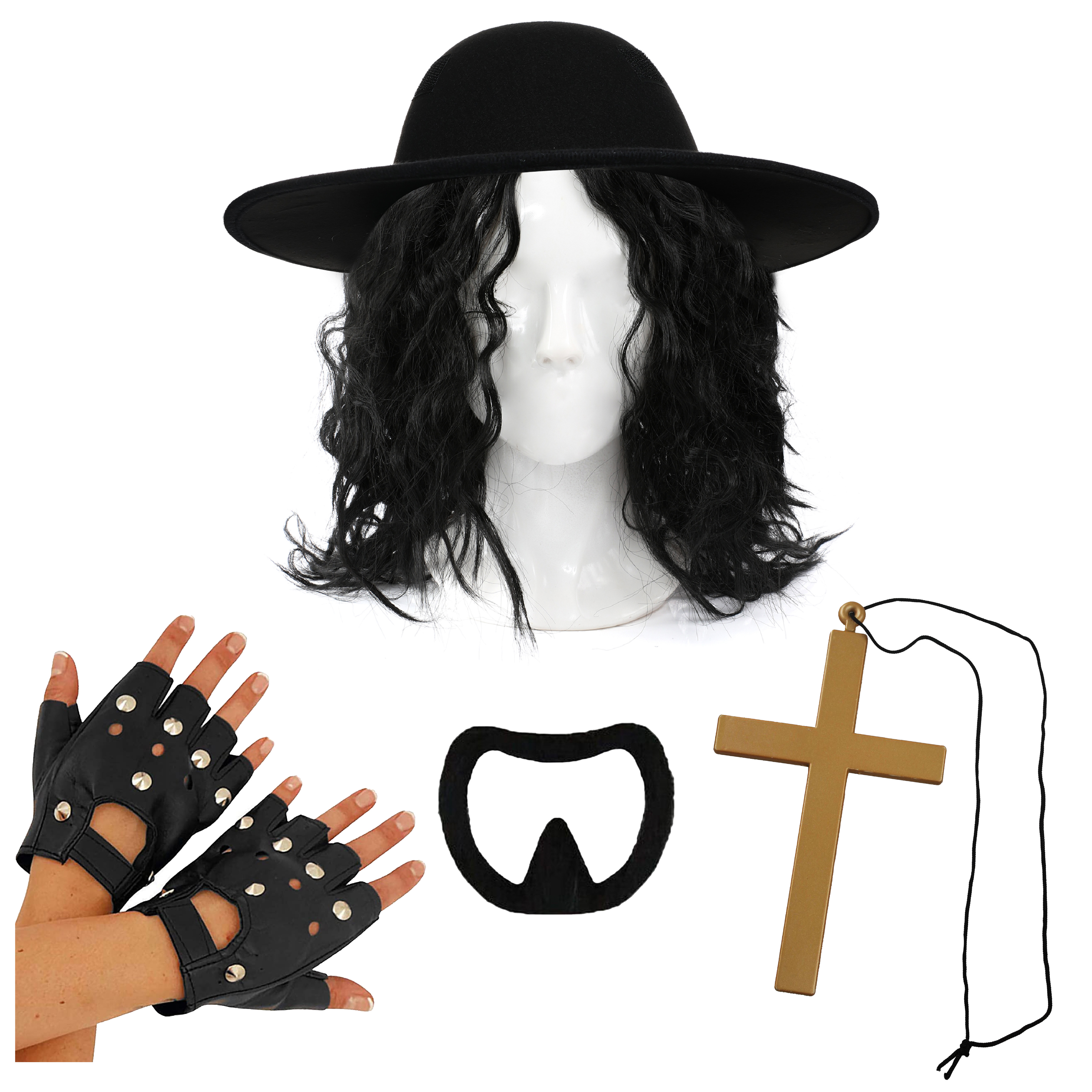 1990's Wrestler Accessory Set | 5 Pcs | Hat, Wig, Cross, Goatee & Gloves