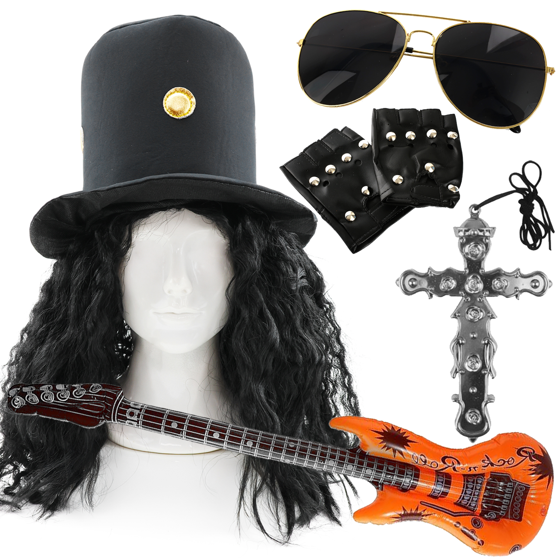 Deluxe Adults Guitar Hero Costume Set – Rock Star Hat, Wig, Inflatable Guitar, Cross Necklace, Gloves & Glasses