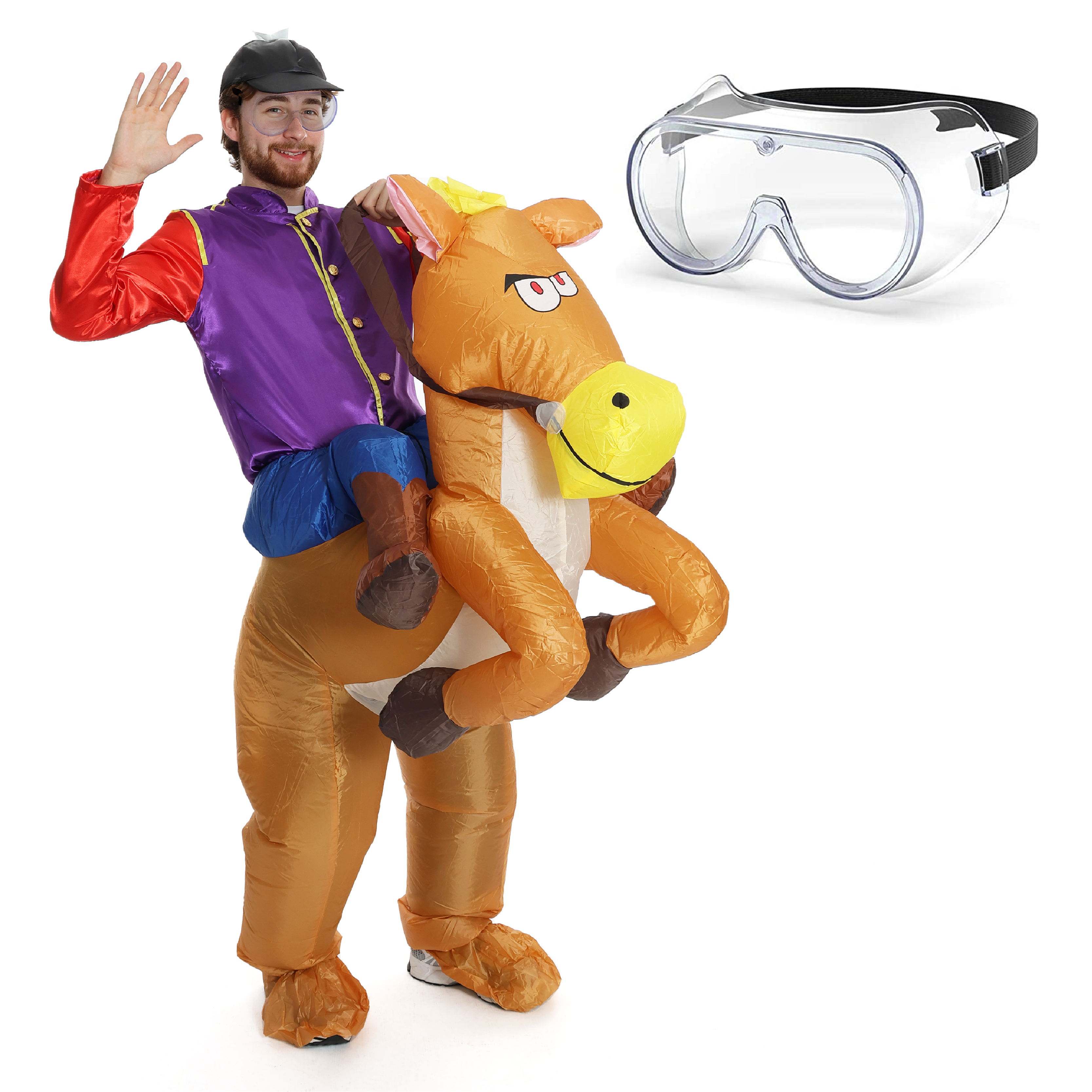 Adults Purple & Red Jockey Costume - with Inflatable Horse & Clear Goggles