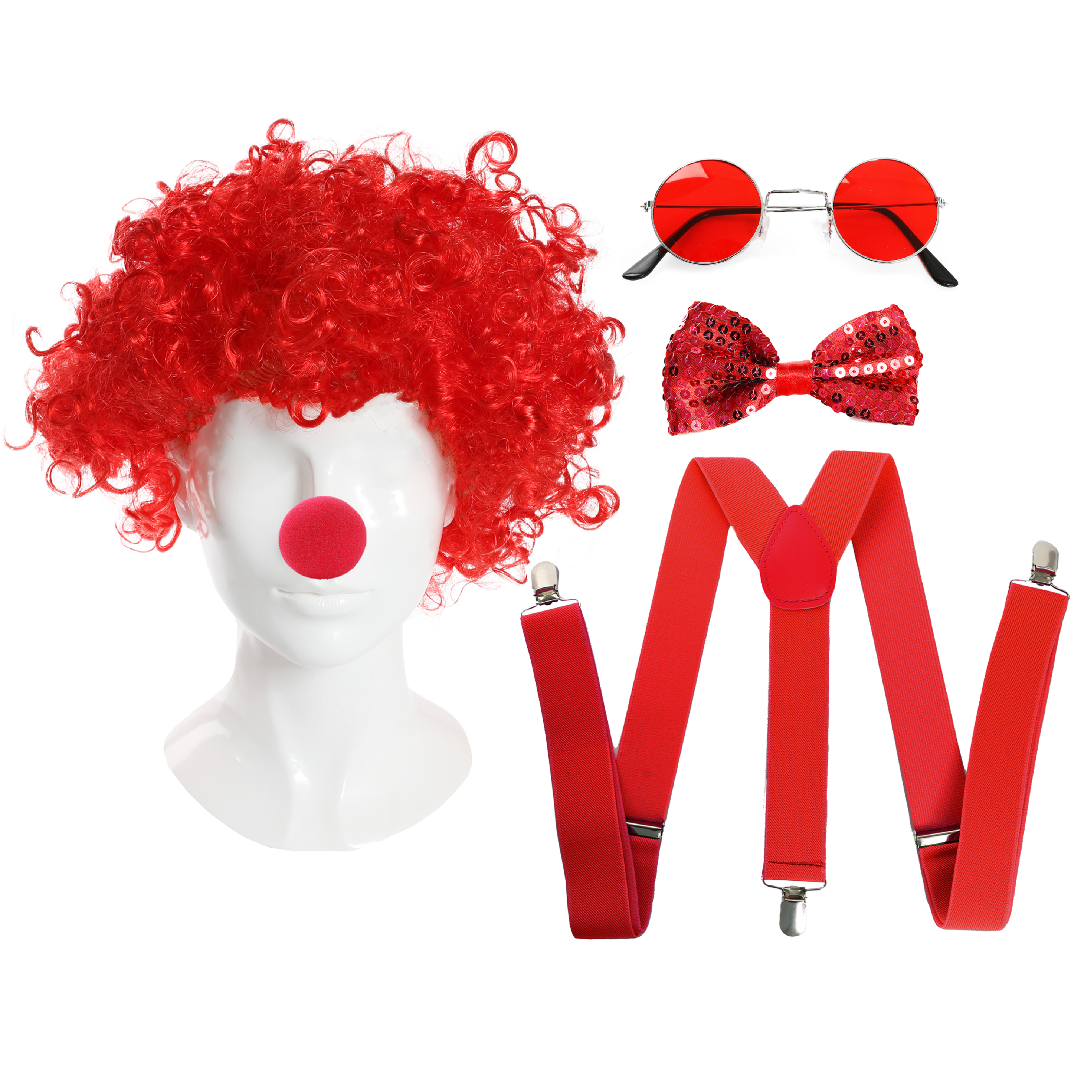 Red Nose Accessory Set - Nose, Afro Wig, Braces, Sequin Bow Tie & Glasses