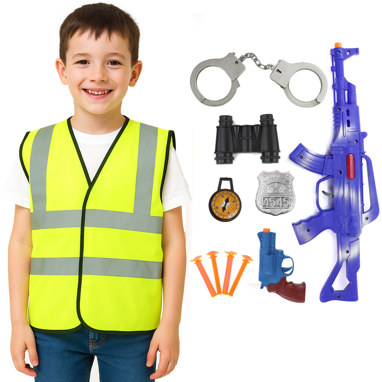 Childs Police Officer Costume Set - Hi Vis Vest & 10 Piece Set