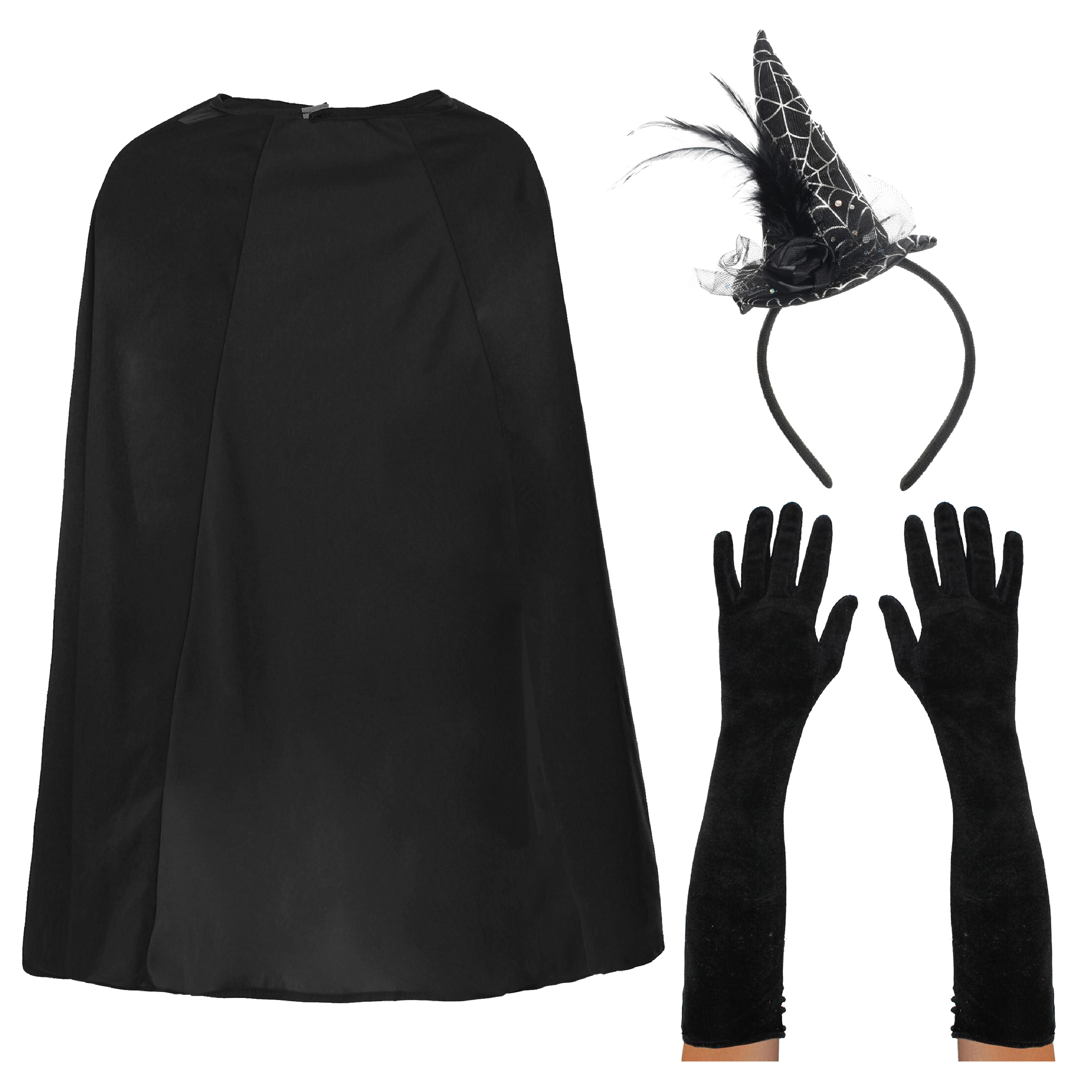 Adults Witch Costume Set | 3 Pcs | Cape, Gloves & Mini Hat