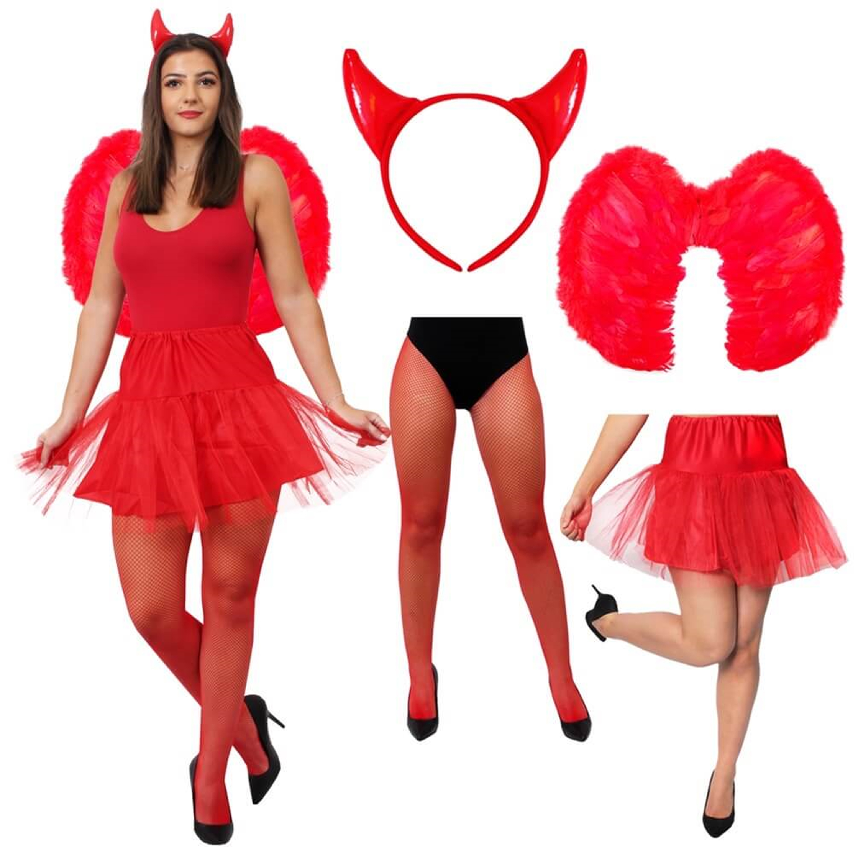Ladies Devil Costume Set | 4 Pcs | Red Horns, Wings, Tights & Skirt
