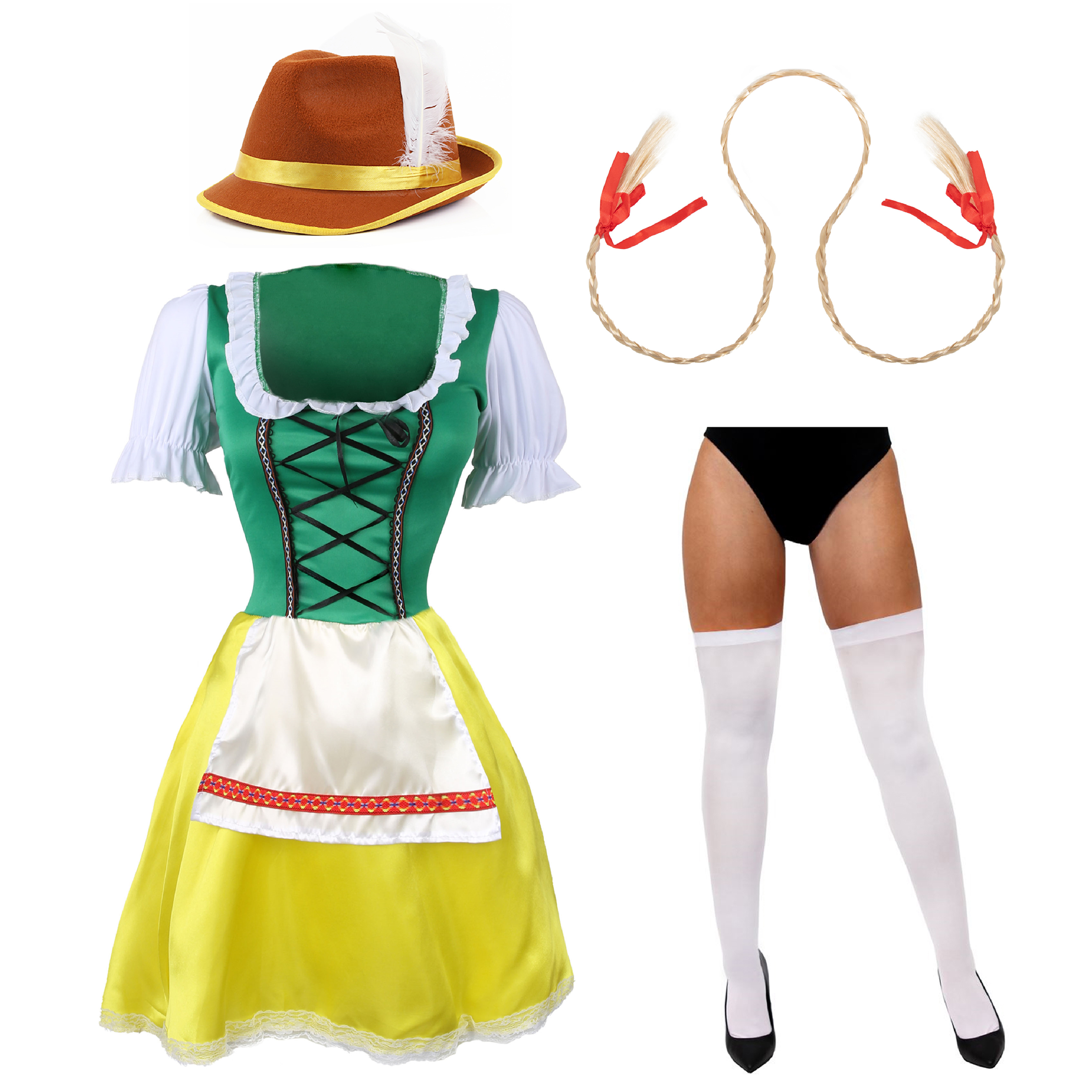Ladies Green & Yellow Bavarian Dress with Stockings, Plaits & Hat