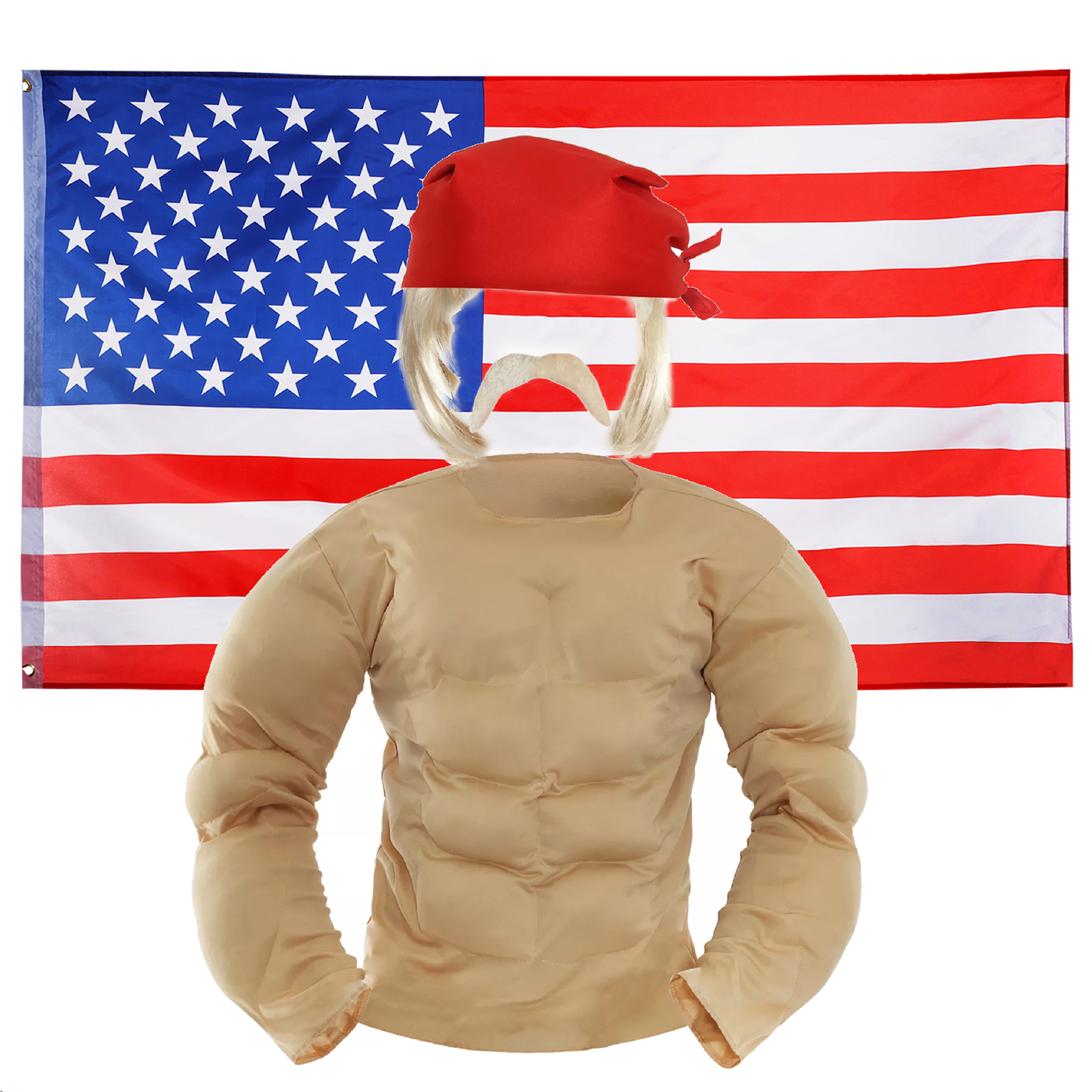 Adults 4pc 1980's Hulk Hogan Wrestler Costume with Flag