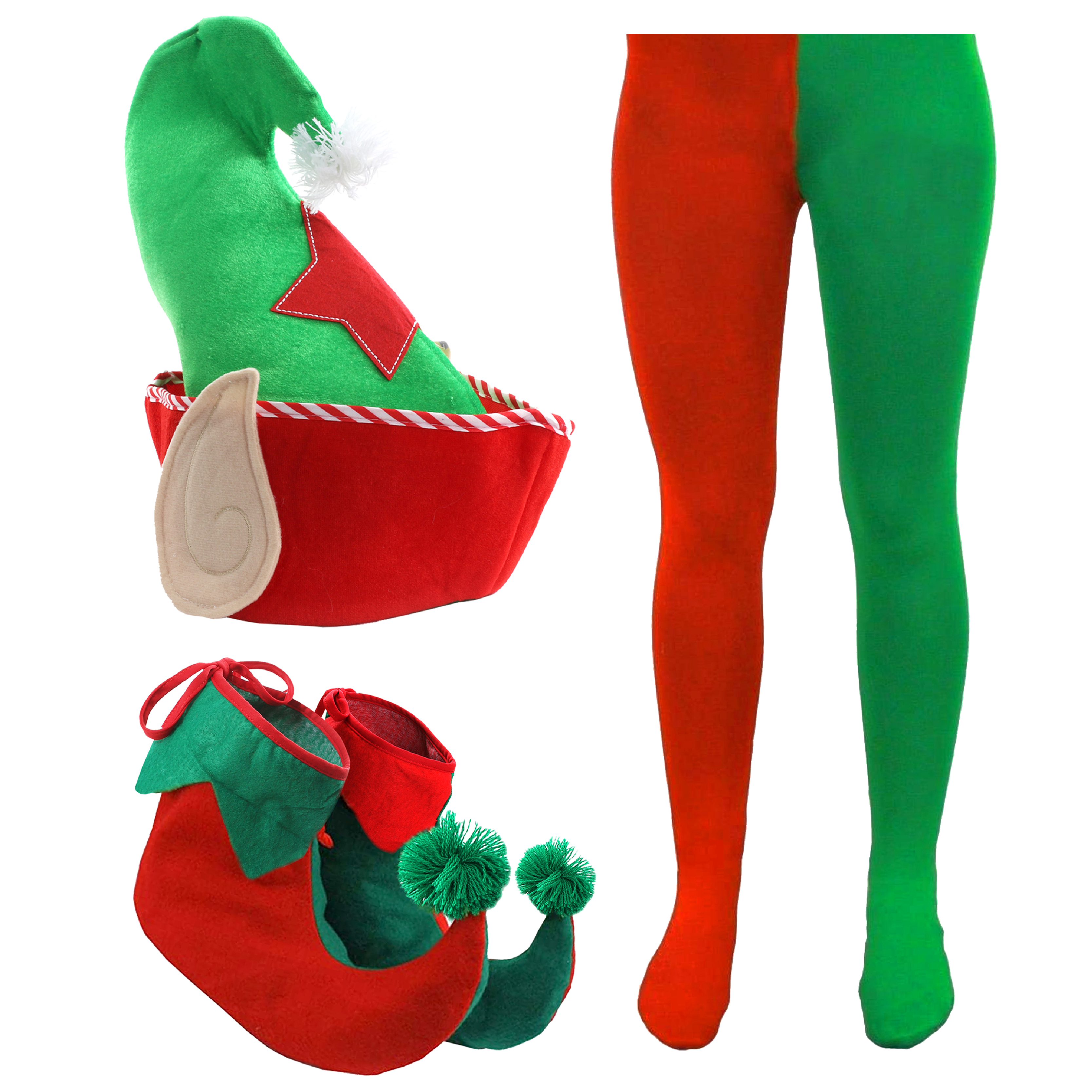 Red and Green Elf Hat with Boots & Tights