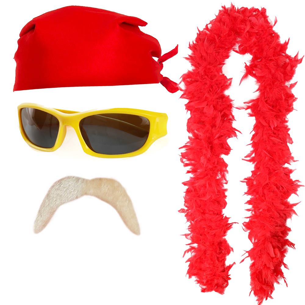 Hulk Hogan Wrestling Costume Accessory Set – Bandana, Sunglasses, Moustache & Red Feather Boa
