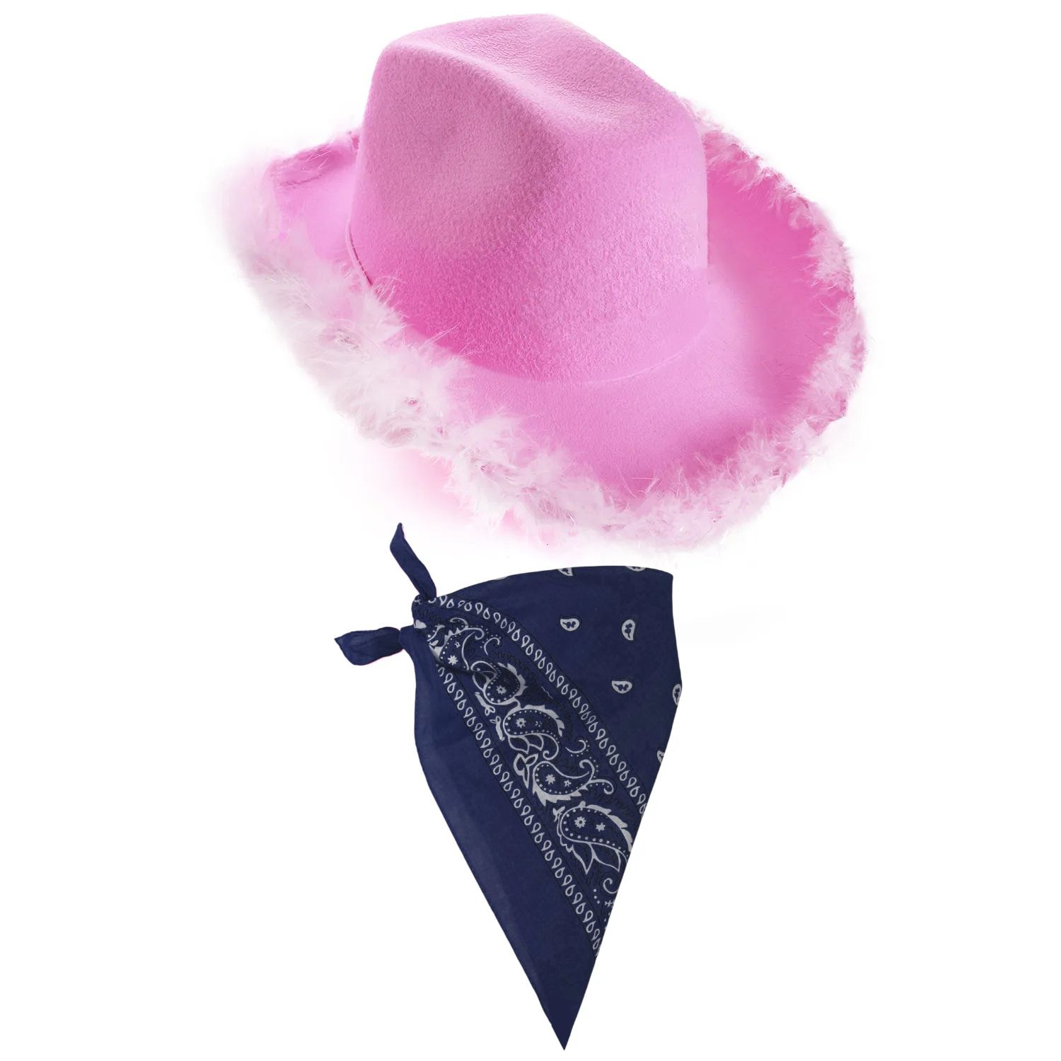 Lilac Pink Cowboy Hat with Marabou Trim & Paisley Navy Blue Bandanna