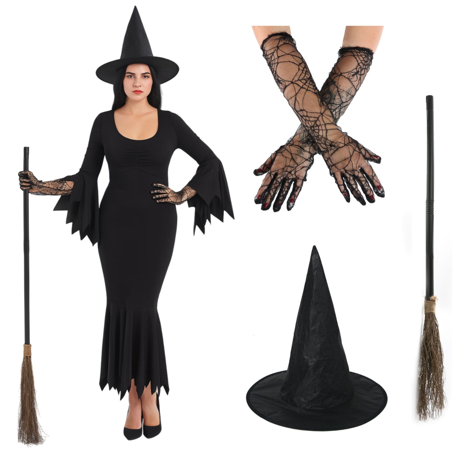 Ladies Witch Costume | 4 Pcs | Gothic Dress, Spiderweb Gloves, Hat & Broom