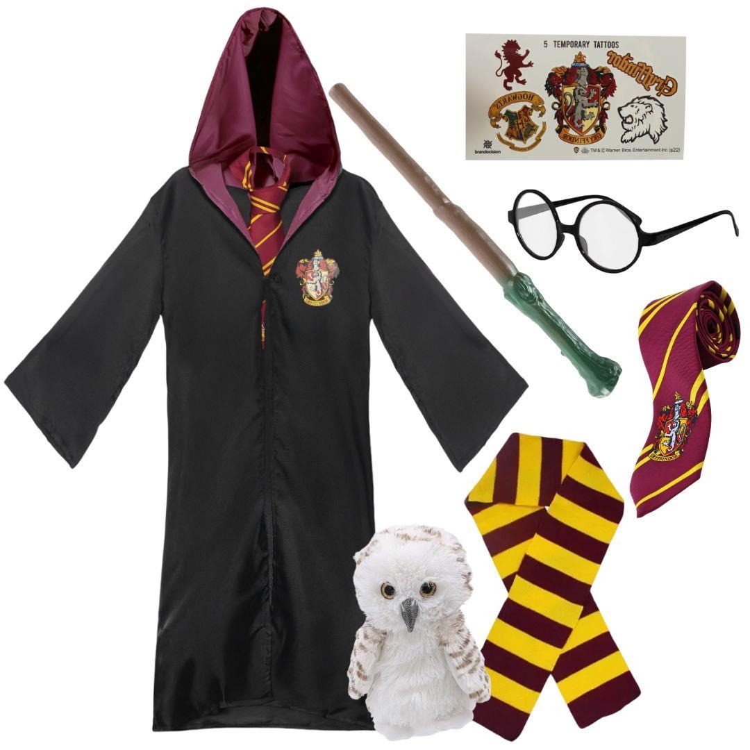 Adults Harry Potter Costume | 7 Pcs | Gryffindor Cloak, Tie, Tattoos, Wand, Glasses, Scarf & Owl
