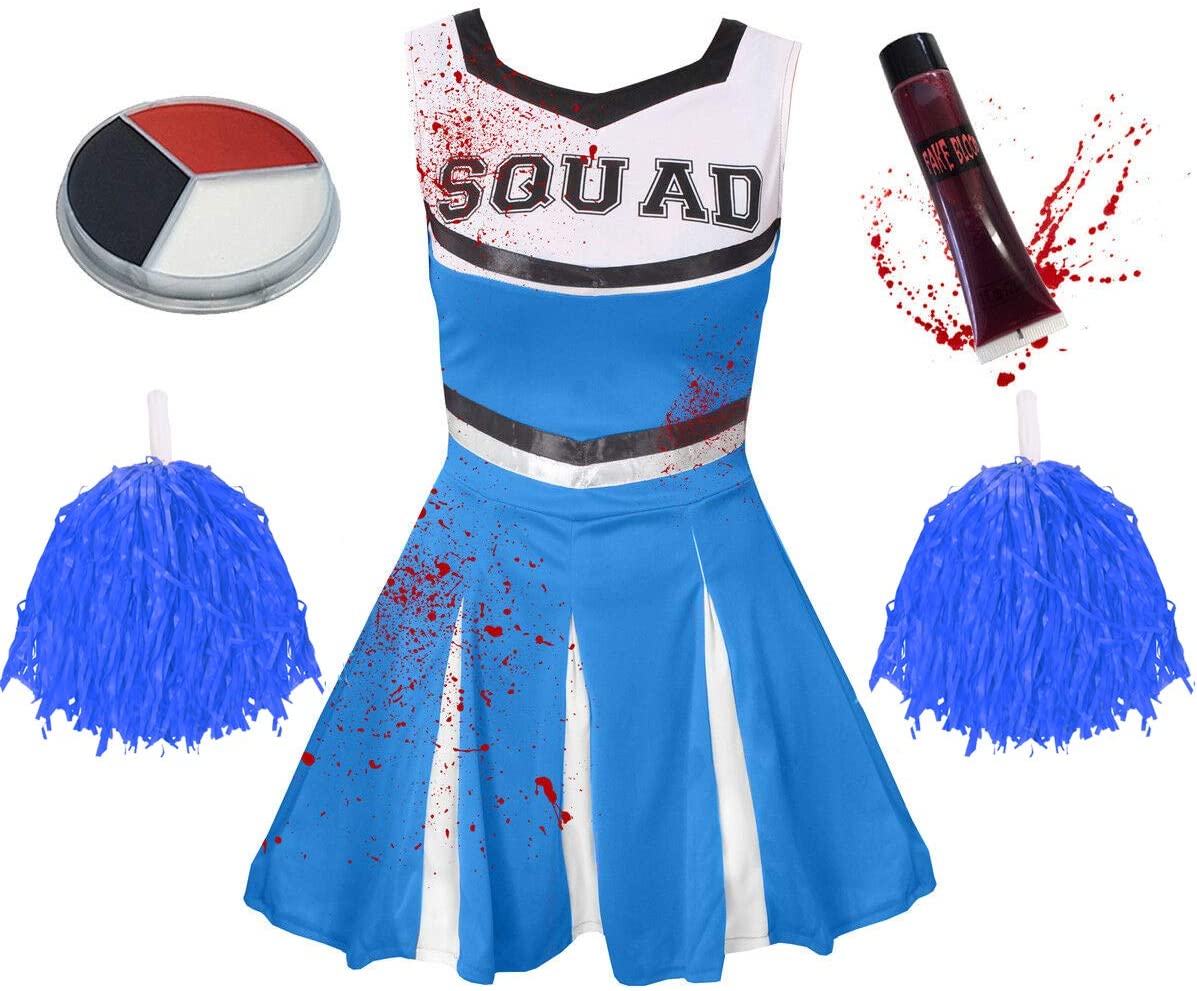 Deluxe Girls Blue Zombie Cheerleader Halloween Fancy Dress Costume
