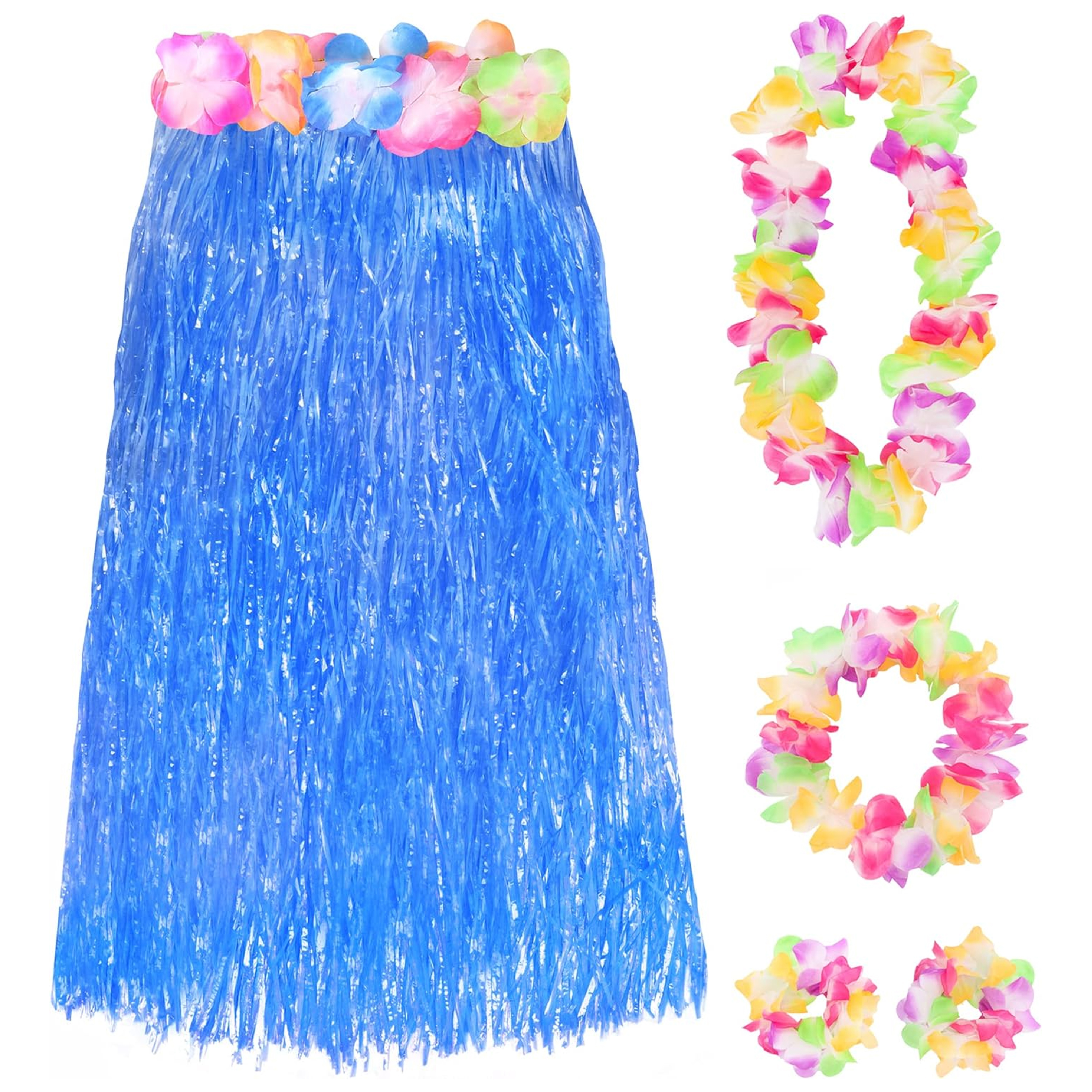 80cm Hawaiian Long Blue Hula Skirt & Lei
