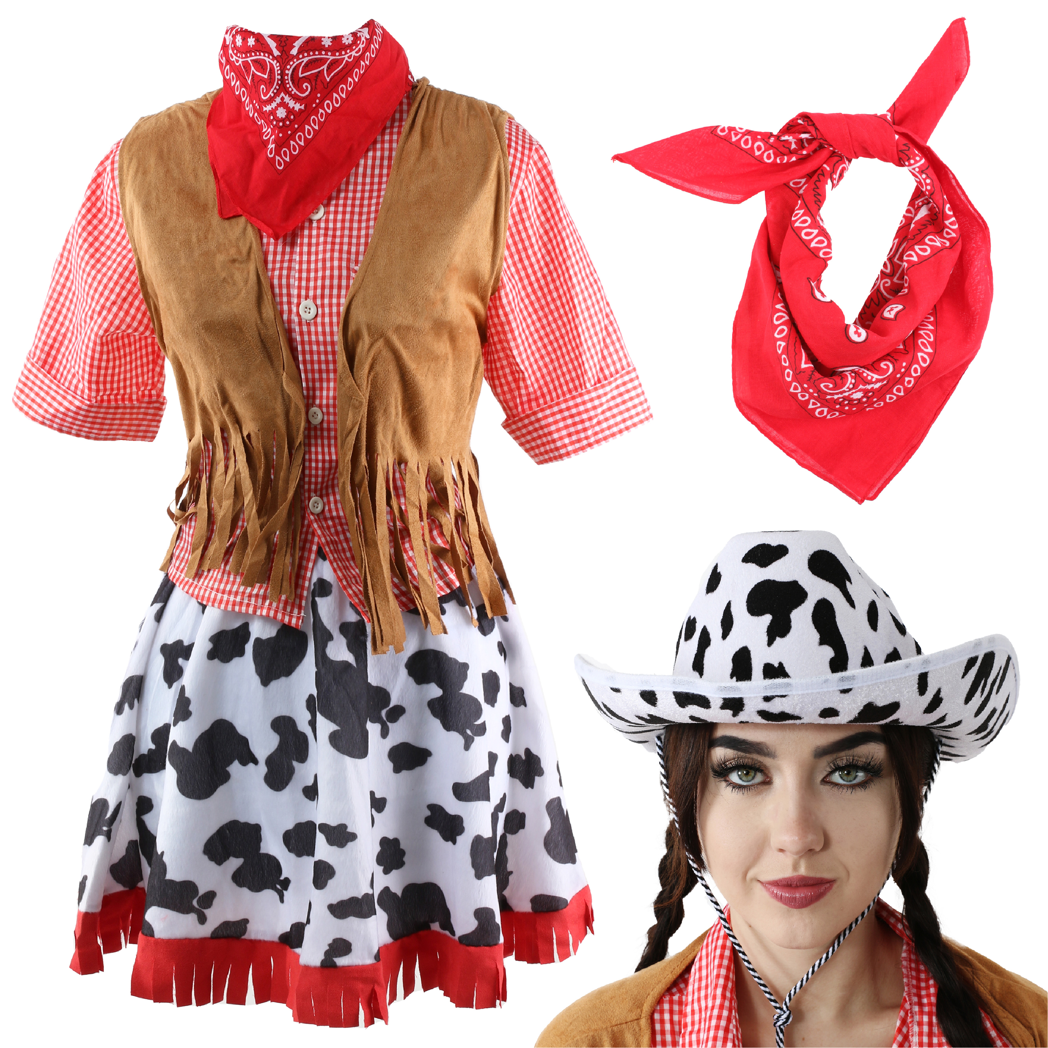 Adults Cowgirl Costume with Cow Print Cowboy Hat