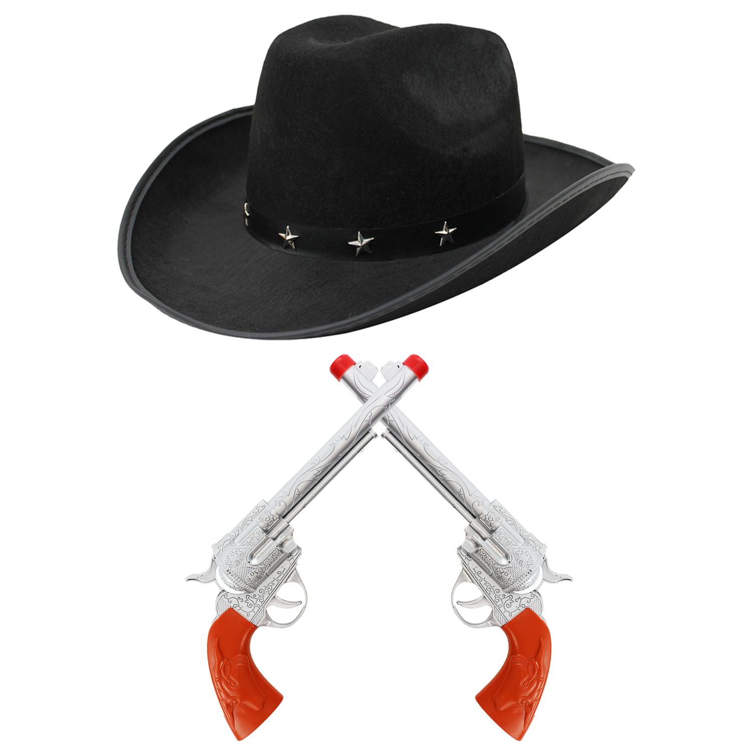Black Star Studded Cowboy Hat & Plastic Pistol Set
