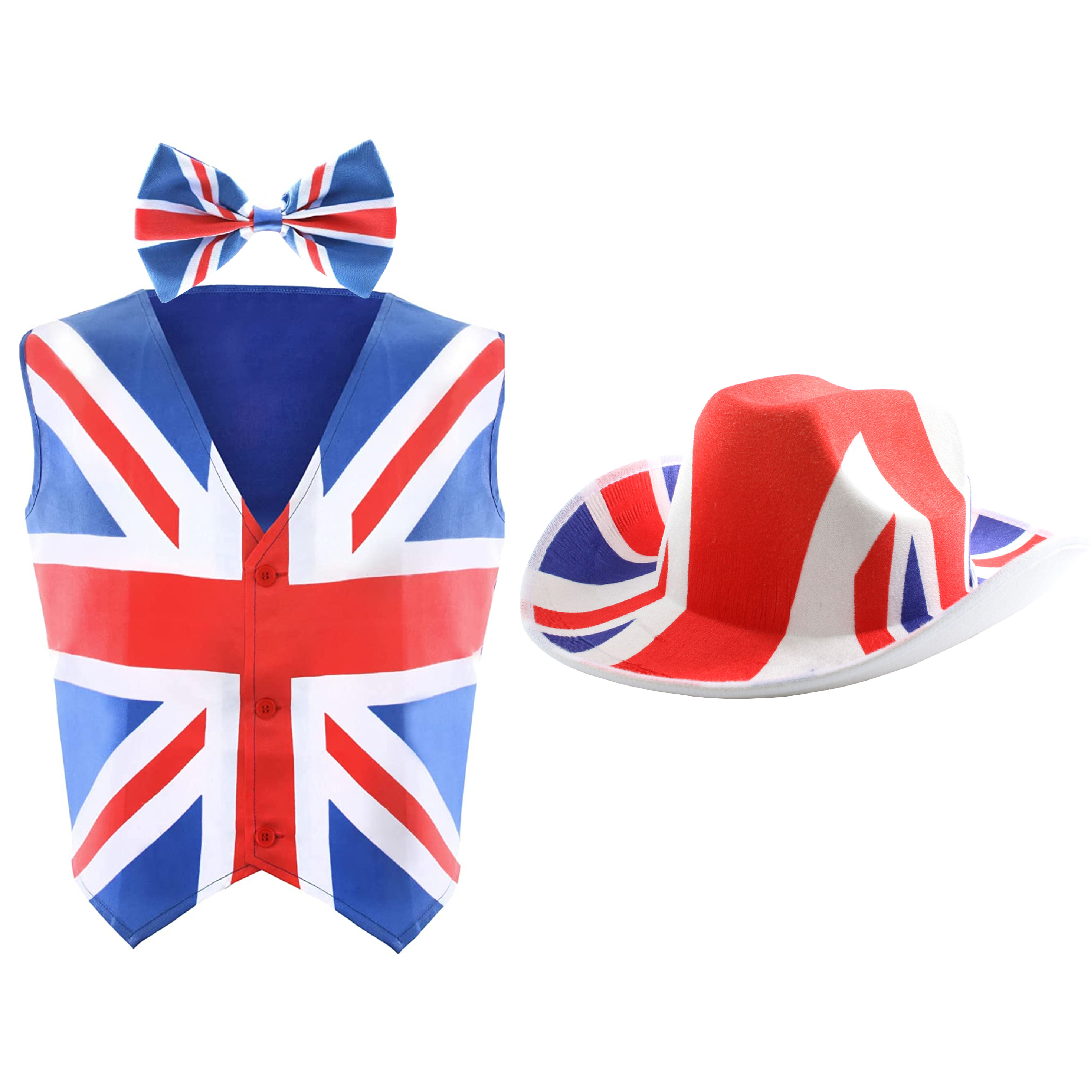 Union Jack Waistcoat & Bow Tie + Cowboy Hat