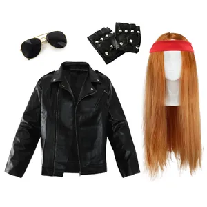 Axl Rose Inspired Costume | 5 Pcs | Leather Jacket, Ginger Wig, Red Bandana, Gloves & Glasses