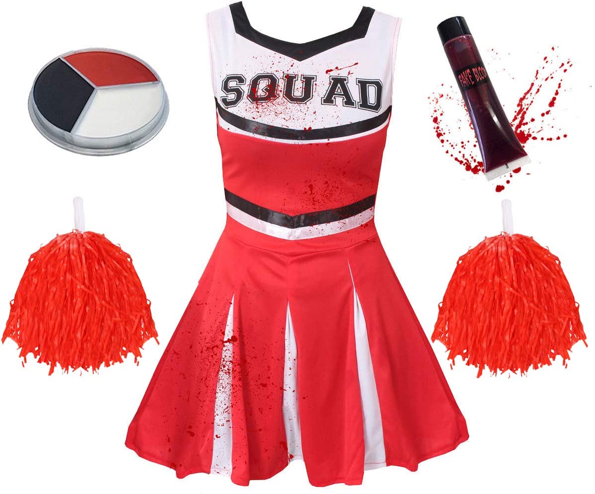 Deluxe Girls Red Zombie Cheerleader Halloween Fancy Dress Costume