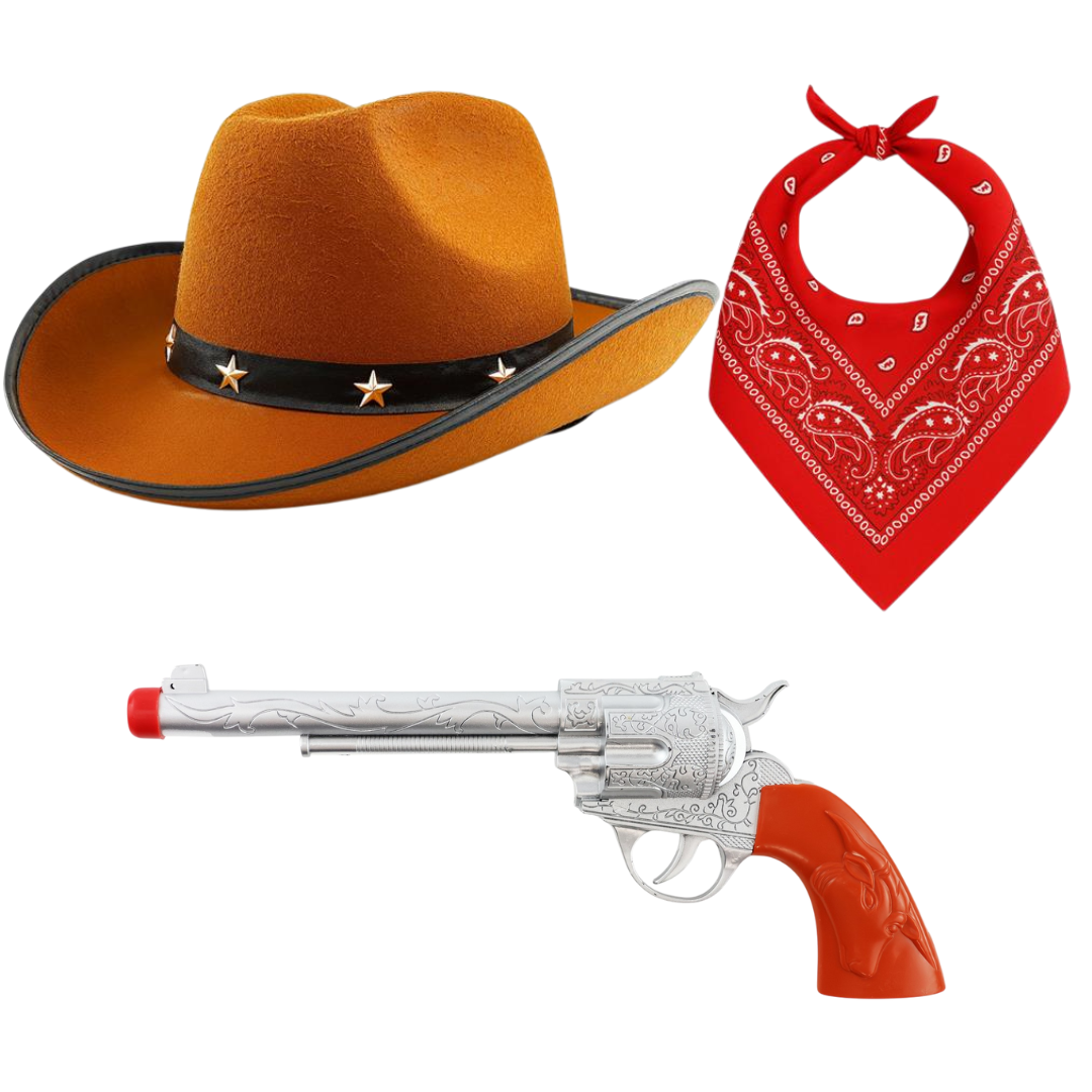 Western Cowboy Set | 3 Pcs | Brown Star Studded, Red Paisley Bandana & Plastic Gun