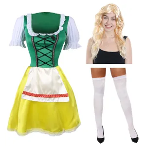 Ladies Green & Yellow Bavarian Dress with Stockings & Wig