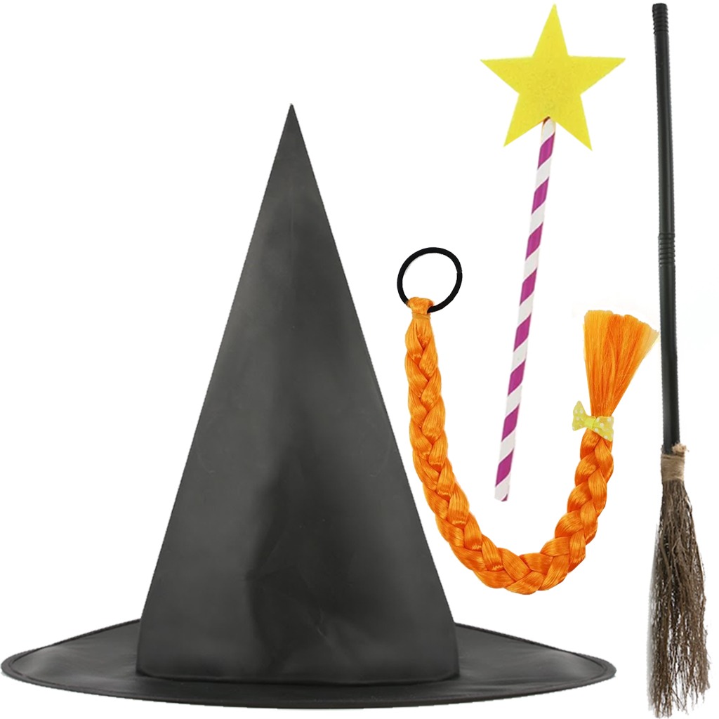 Child's Kind Witch Accessory Set | 4 Pcs | Hat, Plait, Wand & Broom