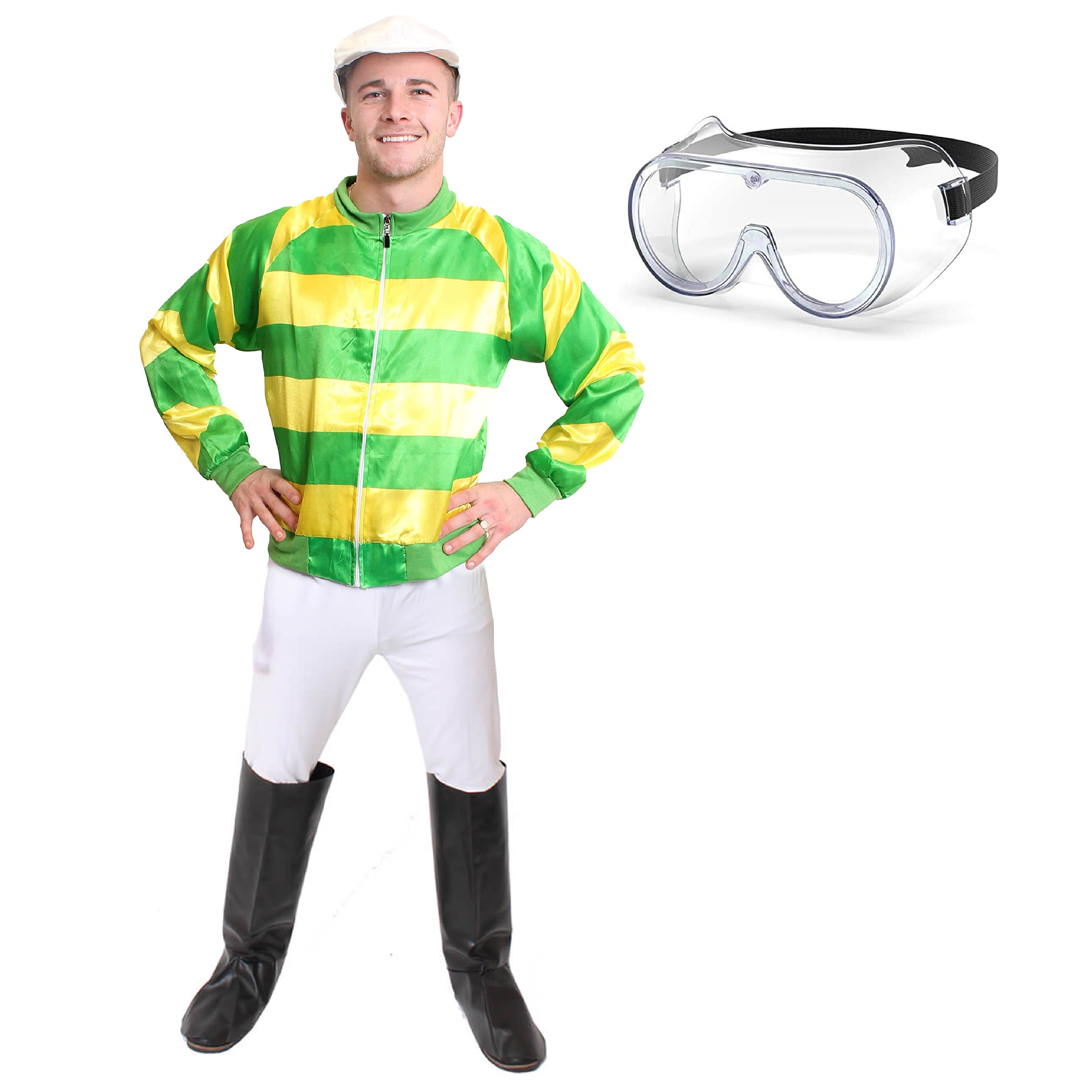 Adults Green & Yellow Jockey Costume - with White Trousers, Boot Covers & Clear Goggles