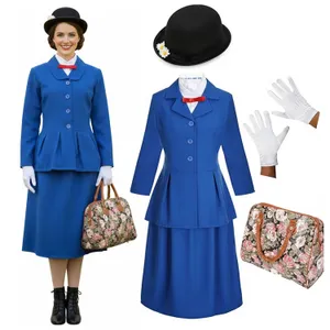 Ladies Magical Nanny Costume - with Flower Bowler Hat, White Gloves & Floral Bag
