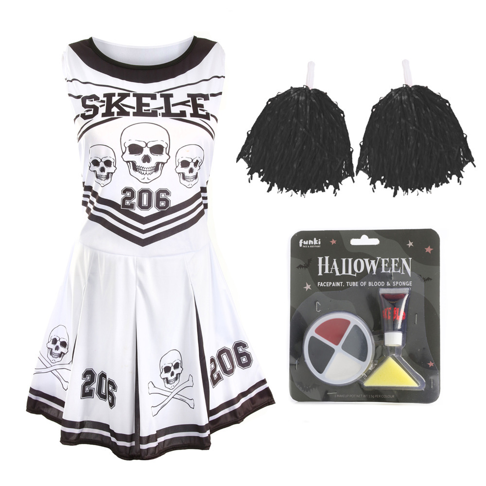 Ladies Halloween Skeleton Cheerleader - Facepaint and Black Pom Poms