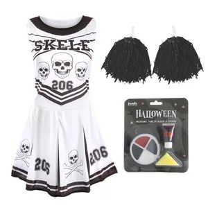 Ladies Halloween Skeleton Cheerleader - Facepaint and Black Pom Poms